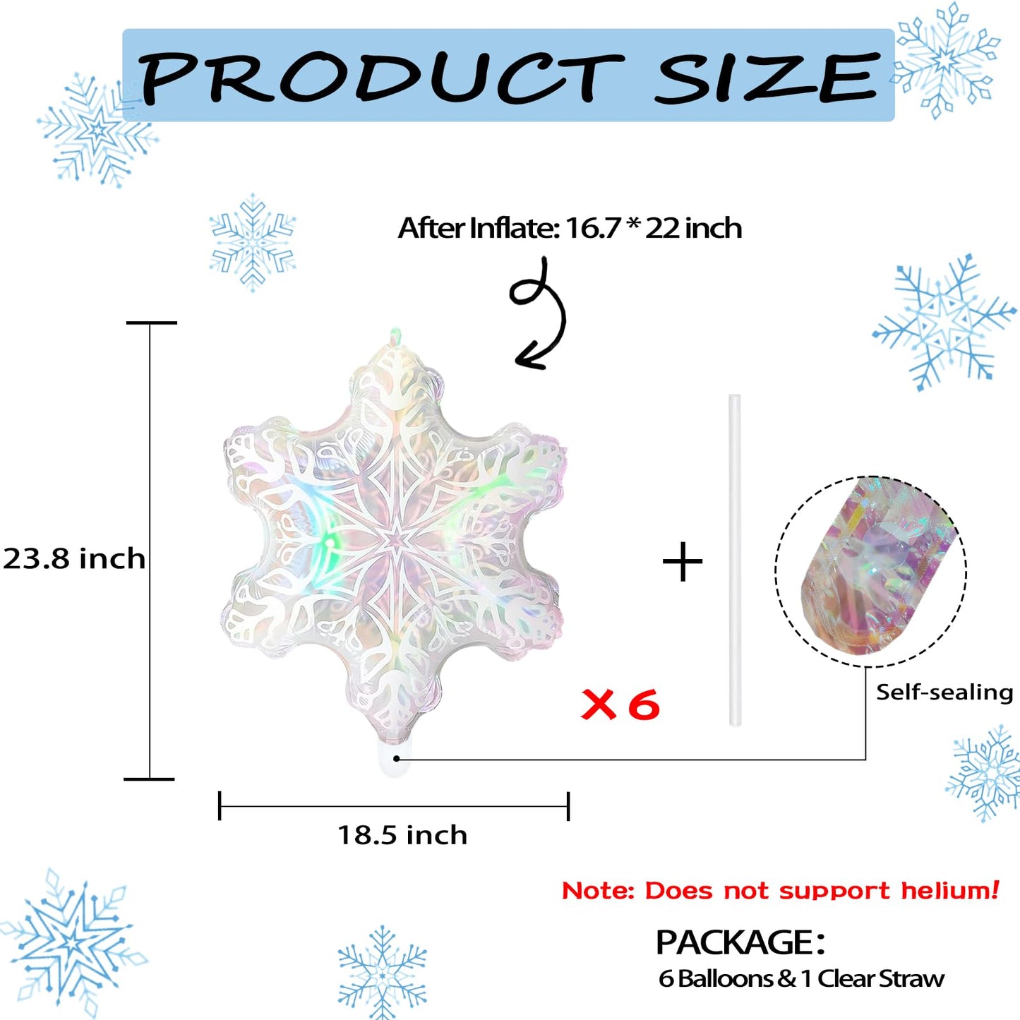 6pcs 24'' Clear Iridescent Snowflake Balloons, Winter Theme Snow Foil Mylar Balloons for Ice Snow Themed Birthday Party Decorations, Winter Wonderland New Year Decorations, Iridescent