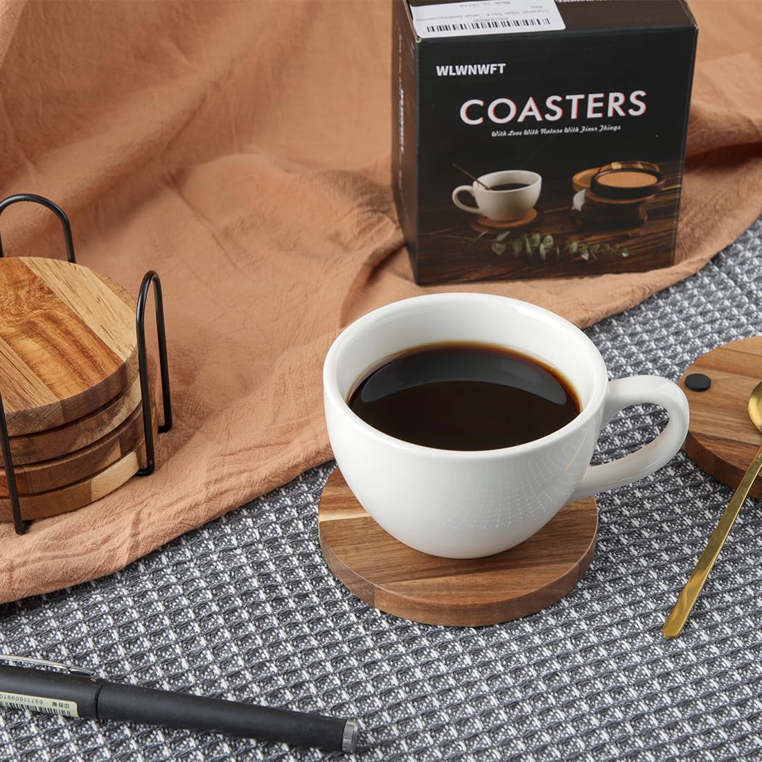 WLWNWFT Wood Coasters for Drinks Tabletop Protection with Holder Set of 6, Acacia Wooden Coaster for Coffee Table Dining Table Round with Non-Slip Pad Cup Coaster for Home Christmas Decor 4 Inch