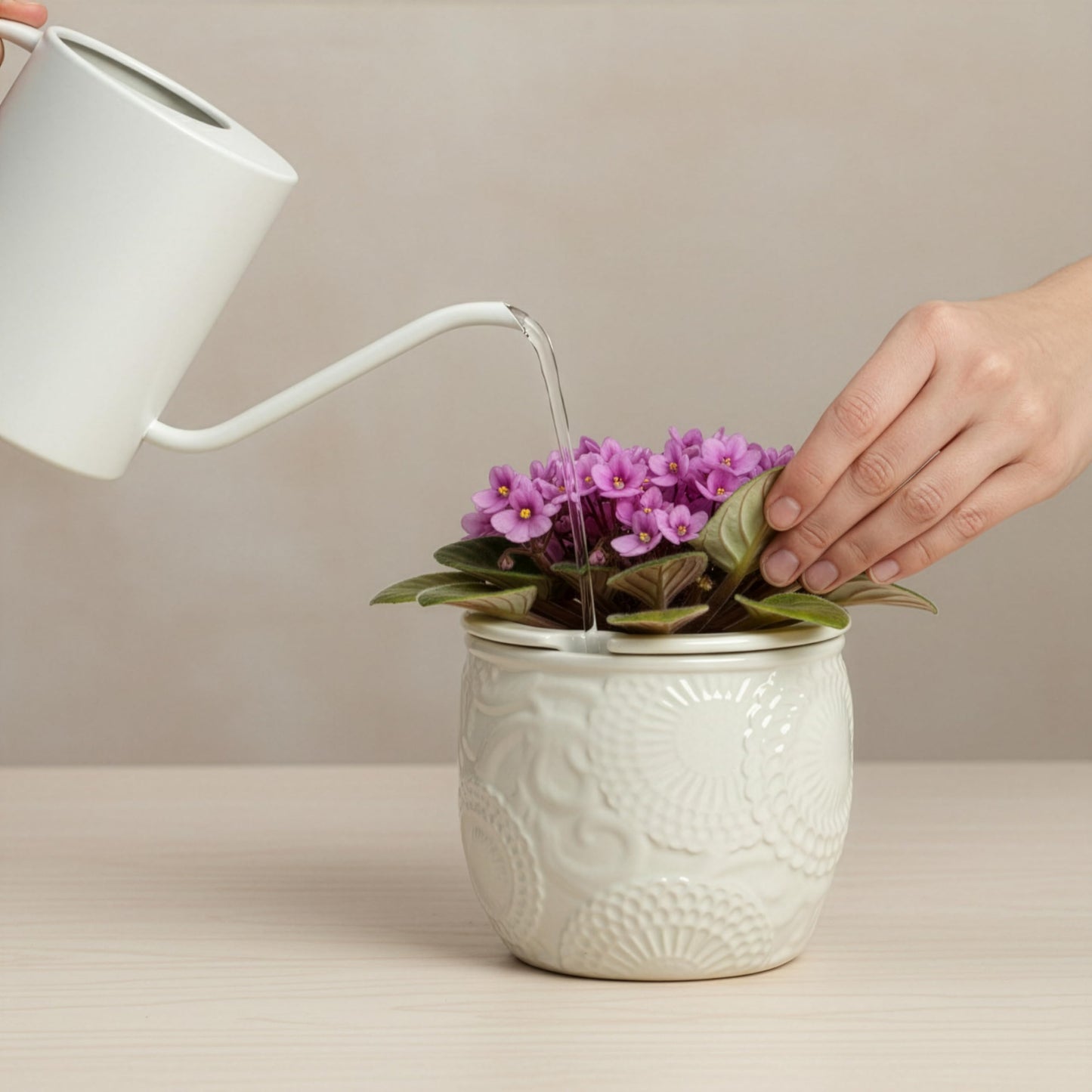 HERDUK 6.5” Ceramic Self Watering African Violet Planter with Embossed Floral Design – Durable Indoor Plant Pot for Orchids, Succulents, and Houseplants