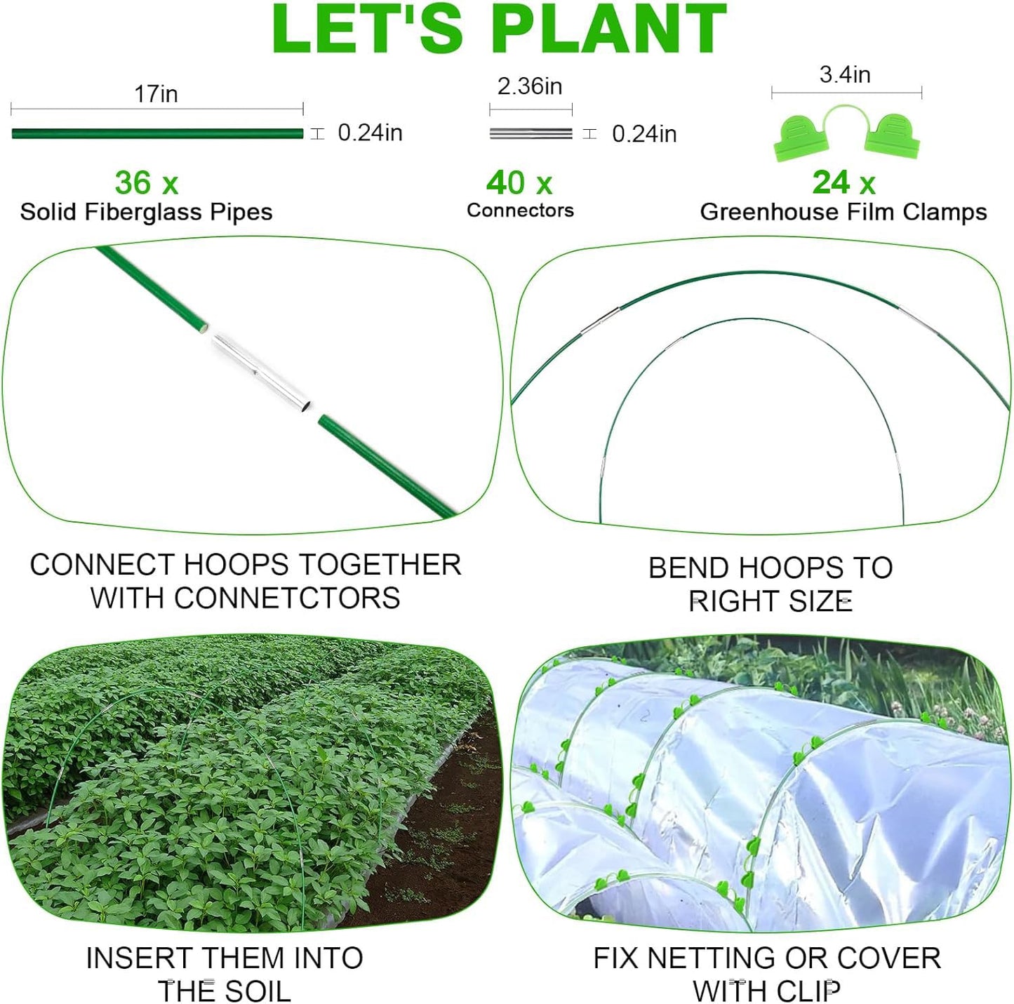 Garden Hoops for Raised Beds Row Cover, 36pcs 8ft Greenhouse Garden Grow Tunnel Netting Hoops, Greenhouse Support Hoops Garden Bed Hoops, Flexible Fiberglass DIY Hoops for Outdoor Plant, 24pcs Clips