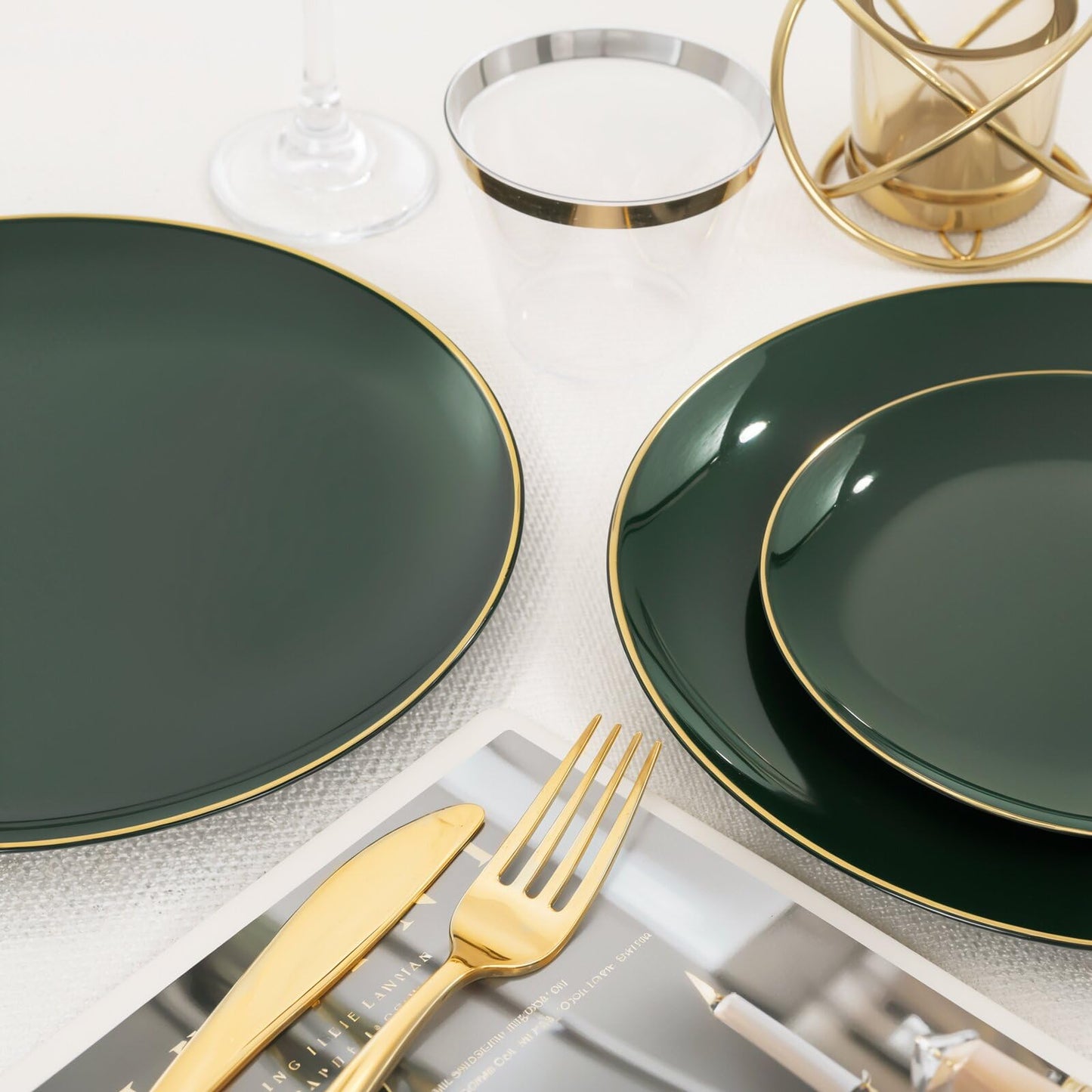 WDF 300Pcs Green Plates Disposable - Heavy Duty Green Plates - 50Guest Green Plastic Dinnerware Include 50 Dinner Plate, 50 Dessert Plate, 150 Cutlery & 50 9oz Cups for Parties/Wedding/Party