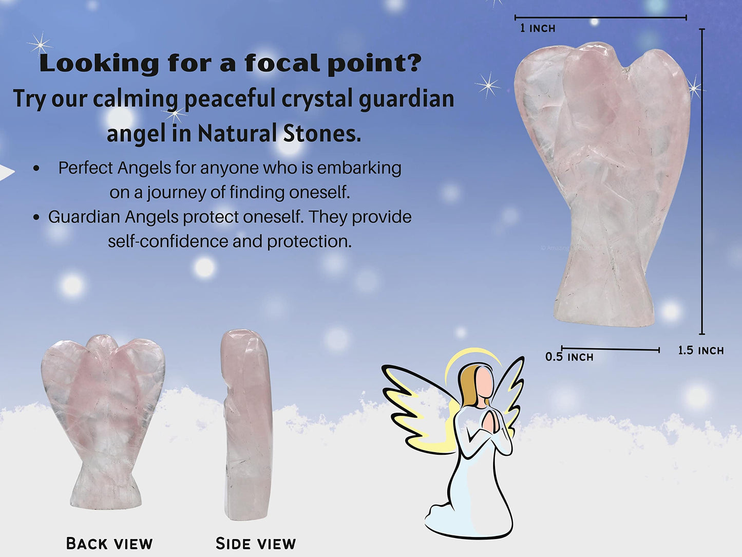 Amazing Gemstone Rose Quartz Crystal Guardian Angel Figurines Ornament for Healing Birthstone, Decoration Statue (Hand Carved Pocket Gemstone Angel) (1.5 inch)