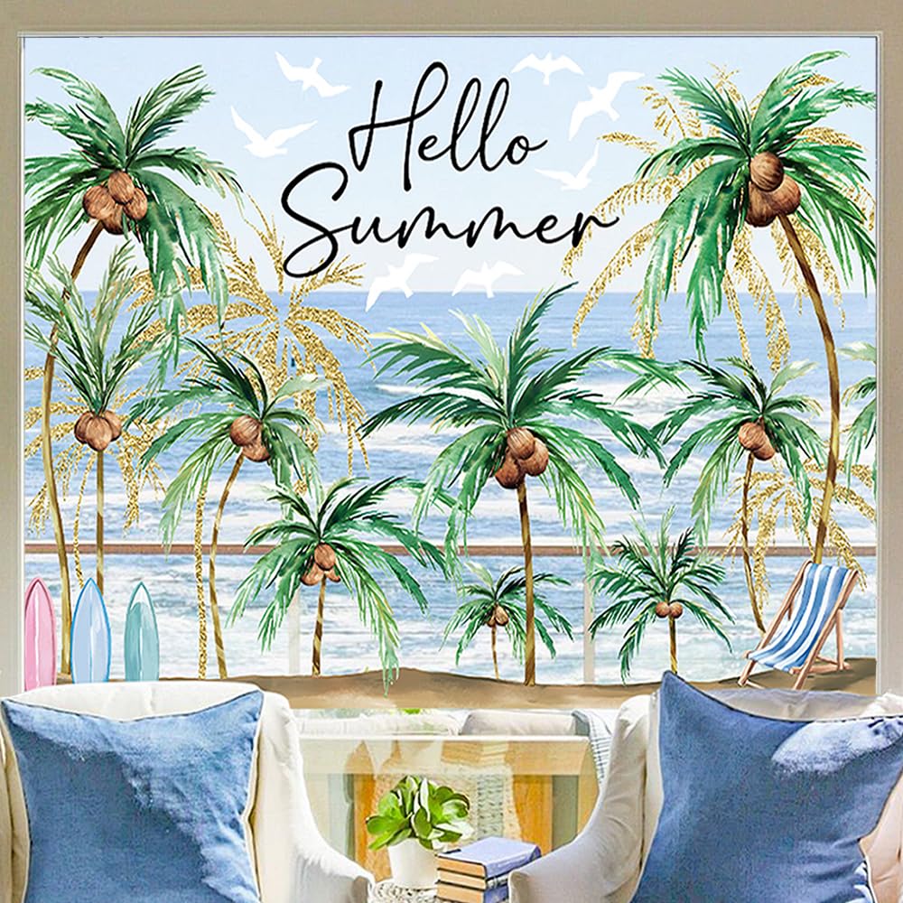 Heirloom Haven Extra Large Hello Summer Window Clings, Summer Sun Beach Window Removable Double Sided Coconut for Glass Windows Home Store Decor
