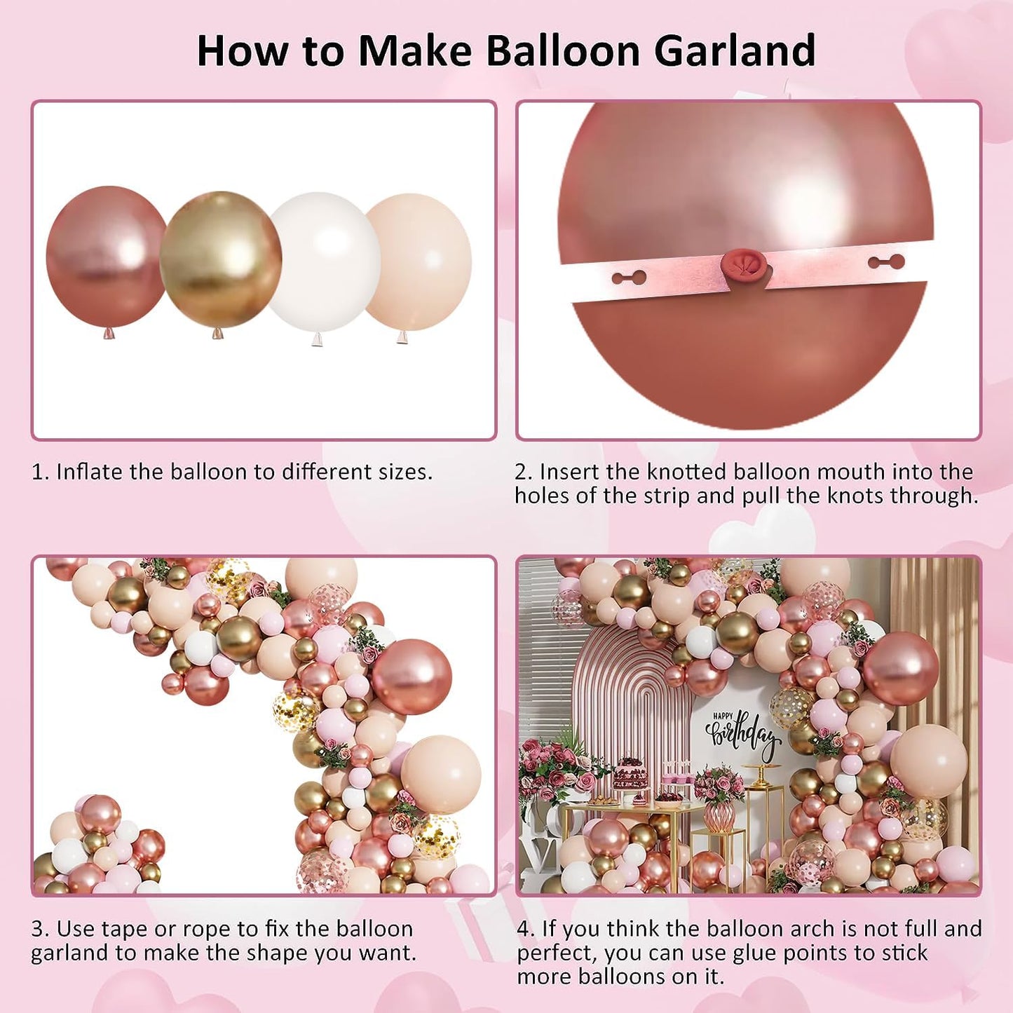 Rose Gold Balloon Garland Kit, Nude Pastel Pink Metallic Gold Matte White Balloons Gold and Rose Gold Confetti Balloons for Valentines Day Wedding Bridal Shower Party Girl Birthday Decorations