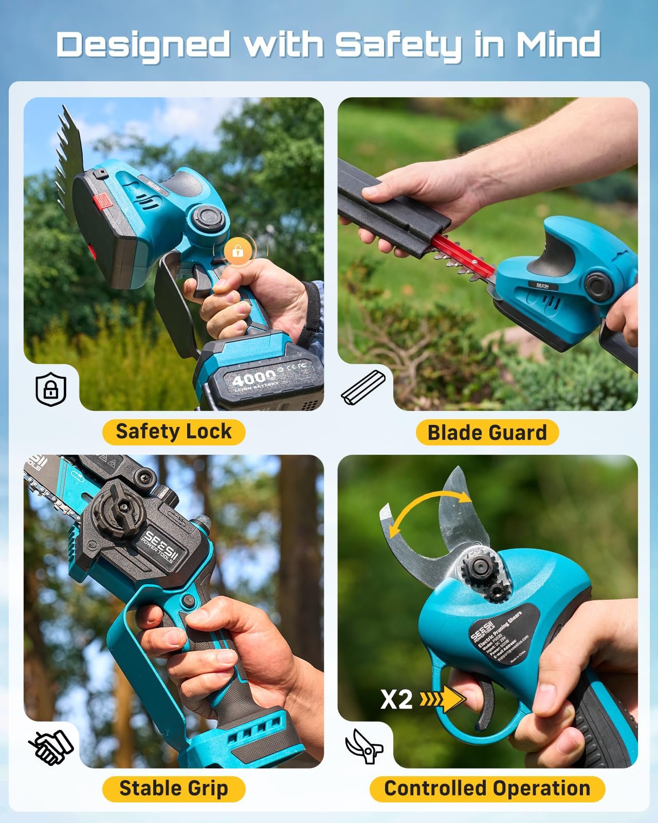 SEESII Electric Chainsaw Trimmer Pruner: 3-in-1 Cordless Chainsaw, Hedge Trimmer, Pruning Shears with 2× Rechargeable 4000mAh Batteries, Garden Tool Kit for Tree Trimming and Branch Cutting