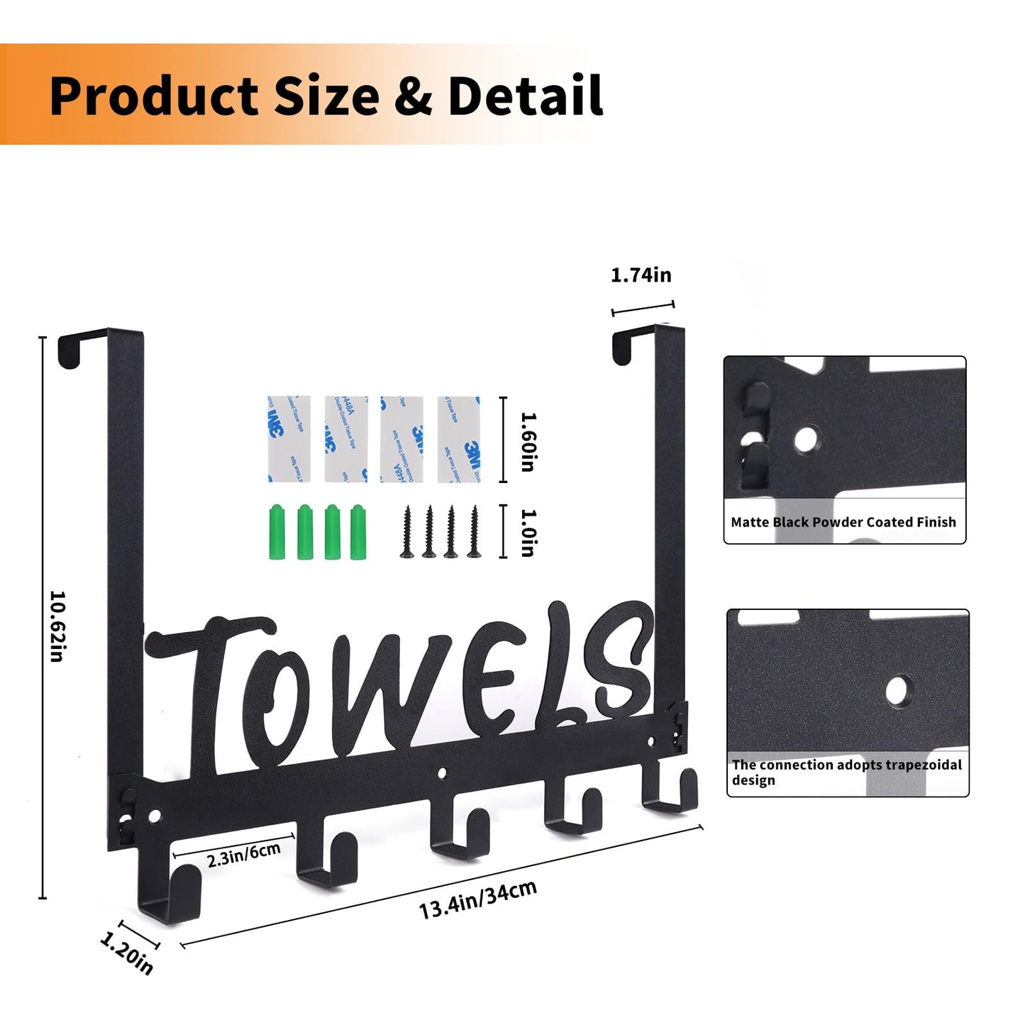 Gohiuo Over The Door Hook, Towel Holder Towel Hook for Bathroom, Towel Hanger Door Rack with 5 Coat Hooks, Over The Door Hanger Towel Rack for Bathroom, Bedroom Towels Coats, Black