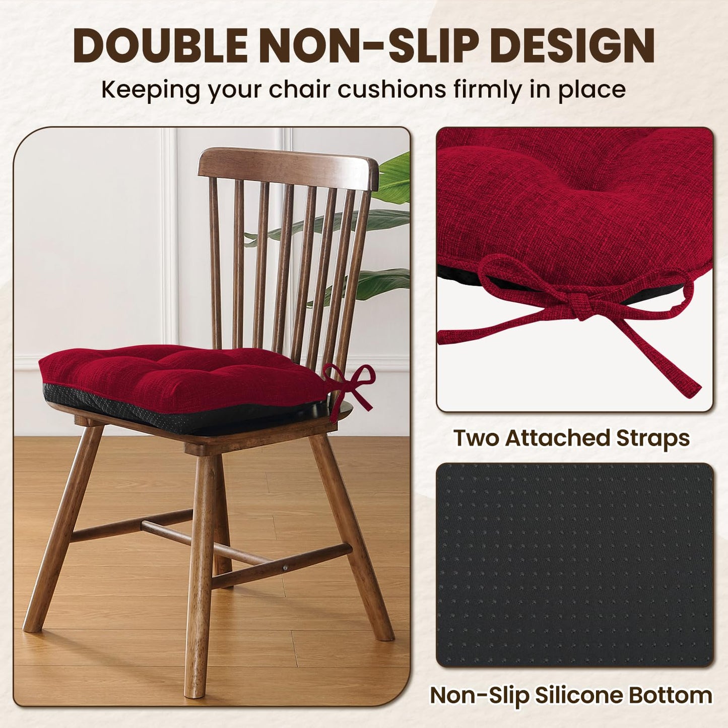downluxe Indoor Chair Cushions for Dining Chairs, Tufted Overstuffed Textured Kitchen Chair Pads with Ties and Non-Slip Backing, 15.5" x 15.5" x 4", Red, 6 Pack