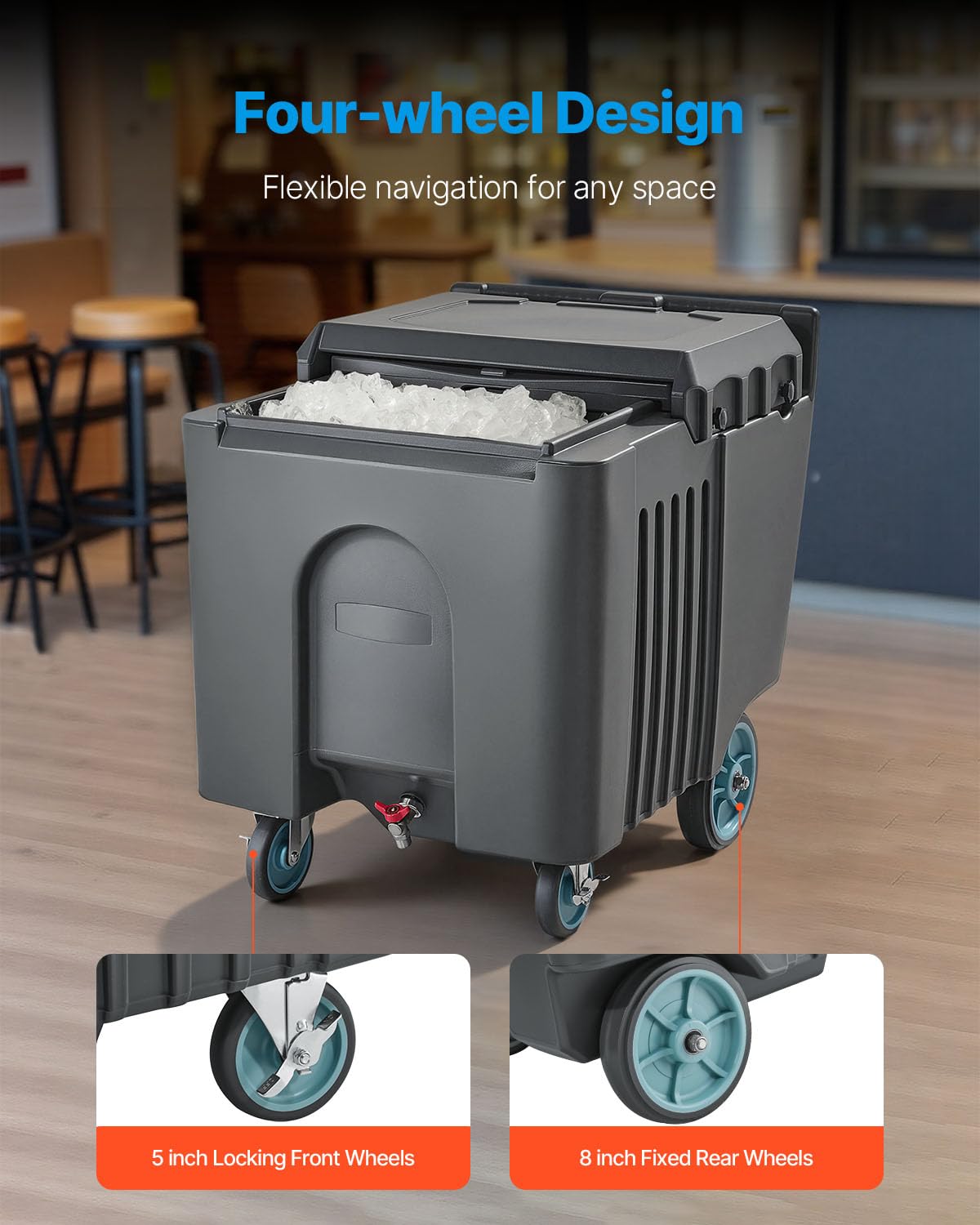 VEVOR Commercial Ice Bin, 125 lbs Portable Ice Caddy, 31.5 x 22.8 x 29 inch Insulated Ice Carrier with 4 Wheels and Flip Lid, Large Ice Bin for Catering, Kitchens, Bistros, Restaurants, and Bars