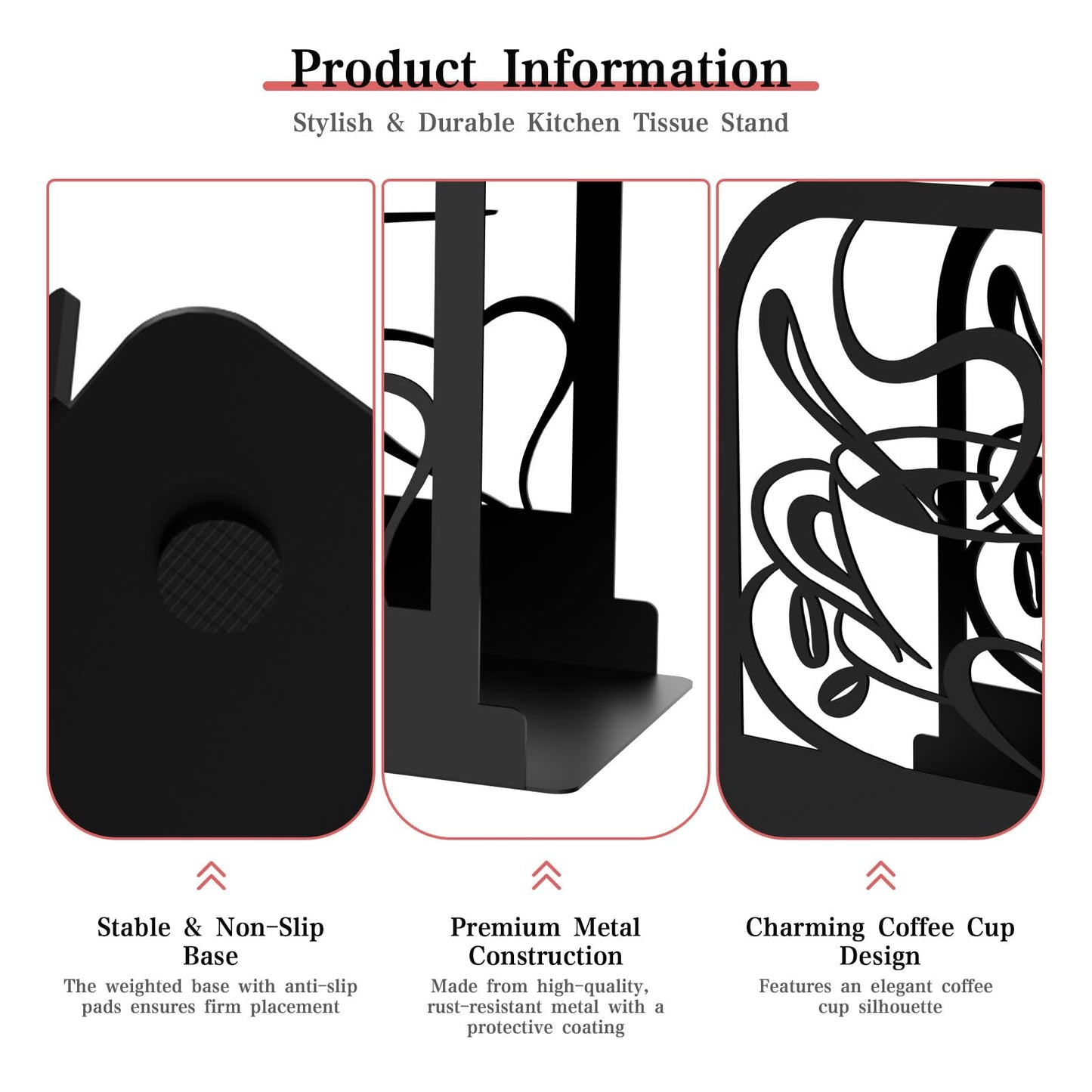 Modern Standing Napkin Holder for table, Black Metal Napkin Dispenser, Coffee time Theme Style Napkin Holder, Suitable for Kitchen, Coffee Shop, Dining Room