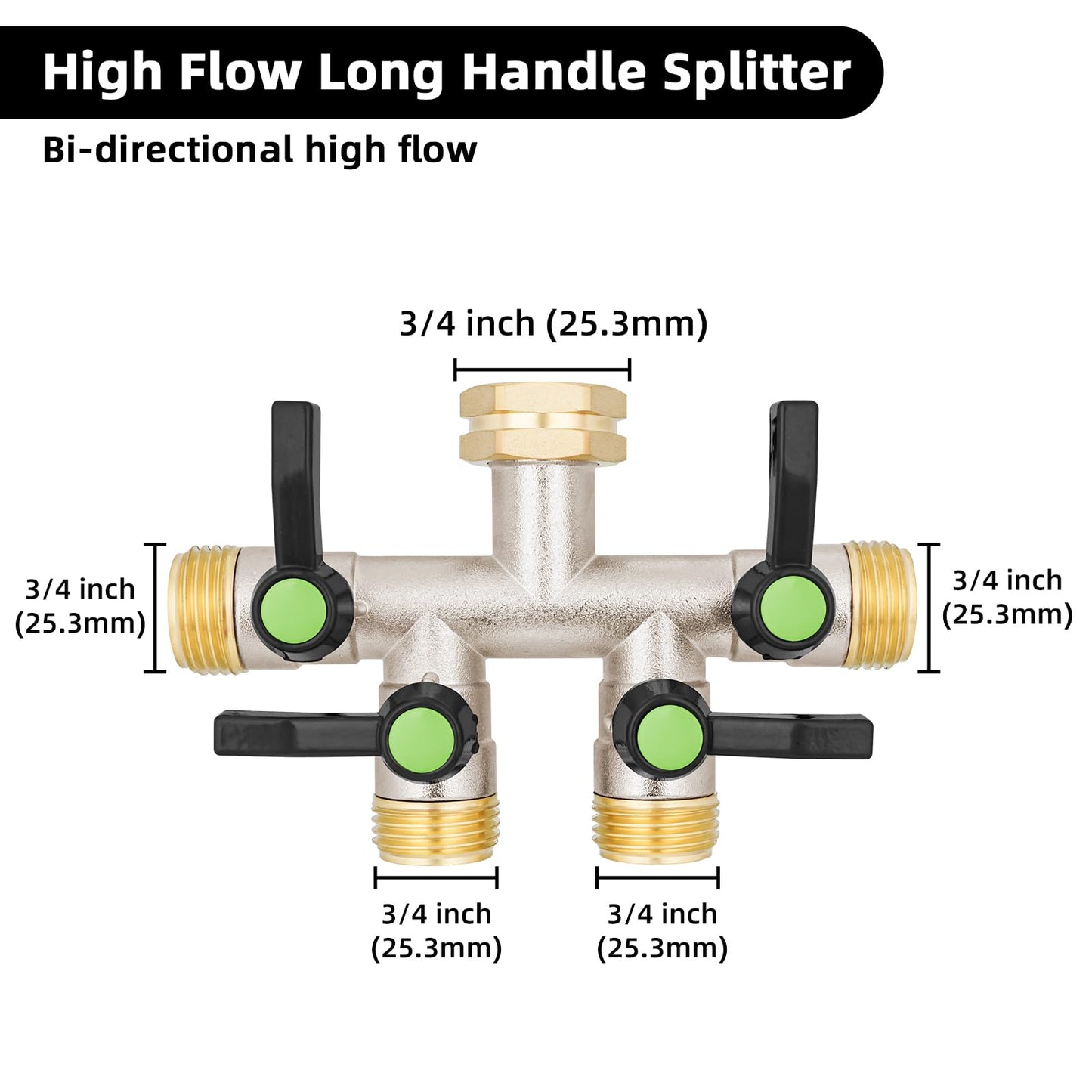 EJW 4 Way Garden Hose Splitter, Heavy Duty Garden Hose Splitter, High Flow Garden Hose Splitters, Fitting 3/4” Brass Outdoor Hose Splitter, Garden Hose Adapter Connector,Water Hose Splitter.