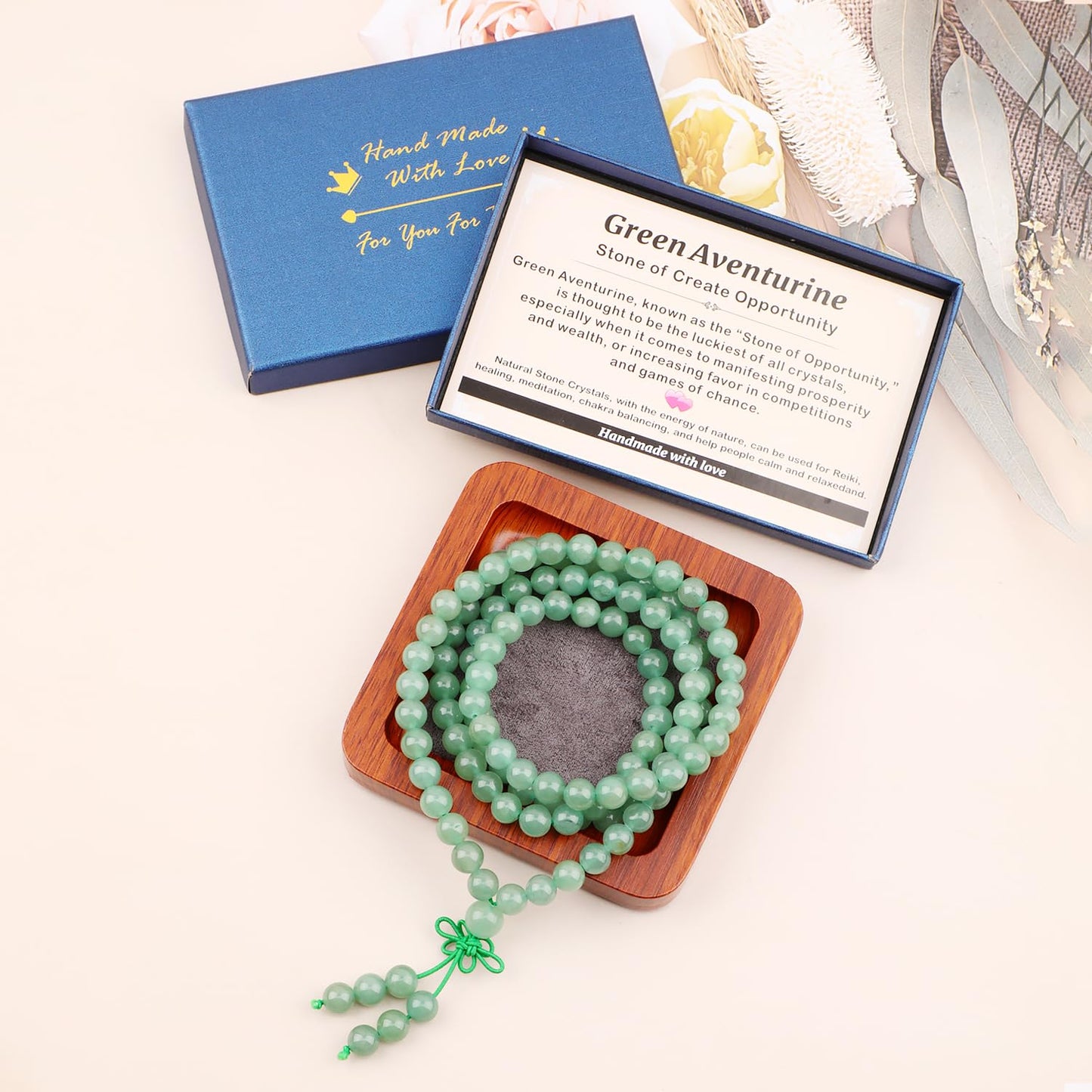 AD Beads 8mm 108 Prayer Mala Green Aventurine Elastic Bracelet - Create Opportunity - Handmade Yoga Meditation Healing Power Energy Gifts for Unisex Adult.
