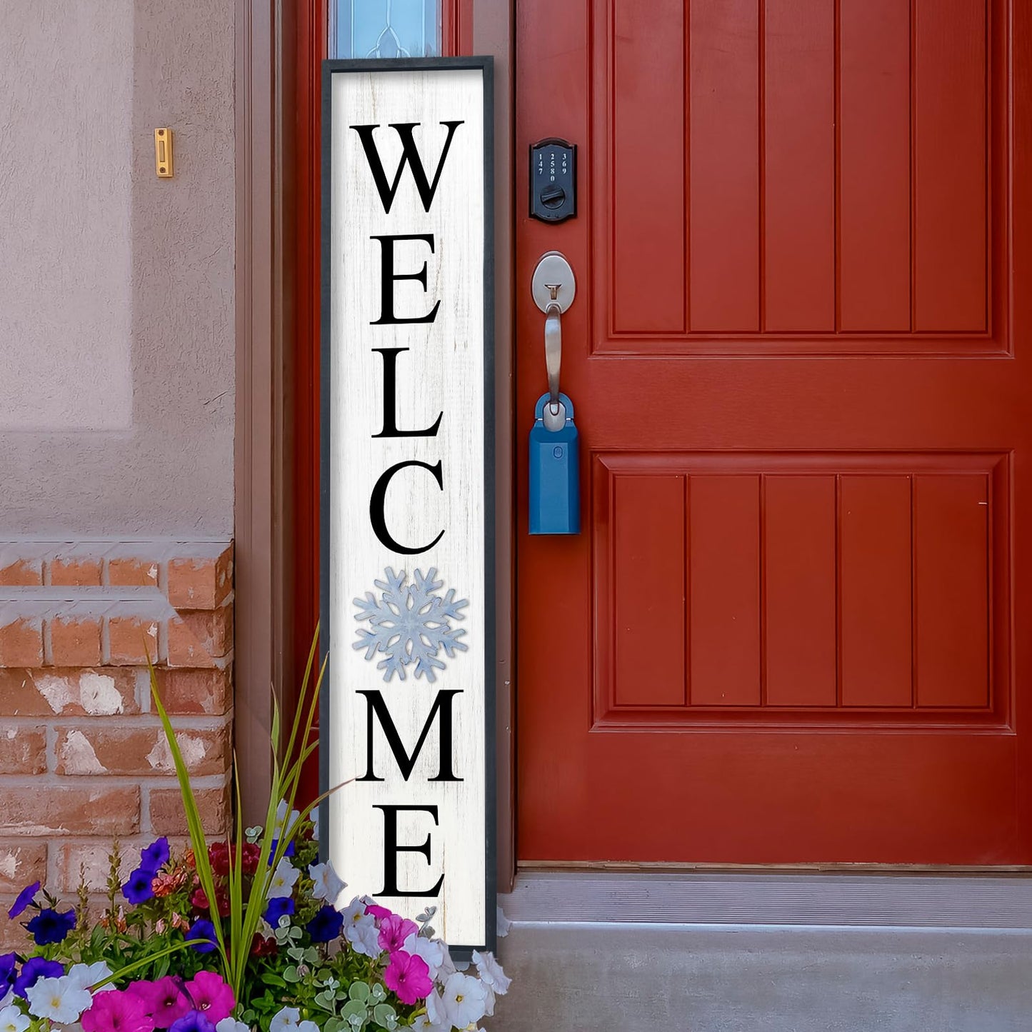 Aurapeak Interchangeable Welcome Sign for Front Porch Door, Outdoor Leaner Home Wooden Frame With 12 Pcs Replaceable Icons Outside Standing Seasonal Welcome Holiday Decorations (45"X9" Black)