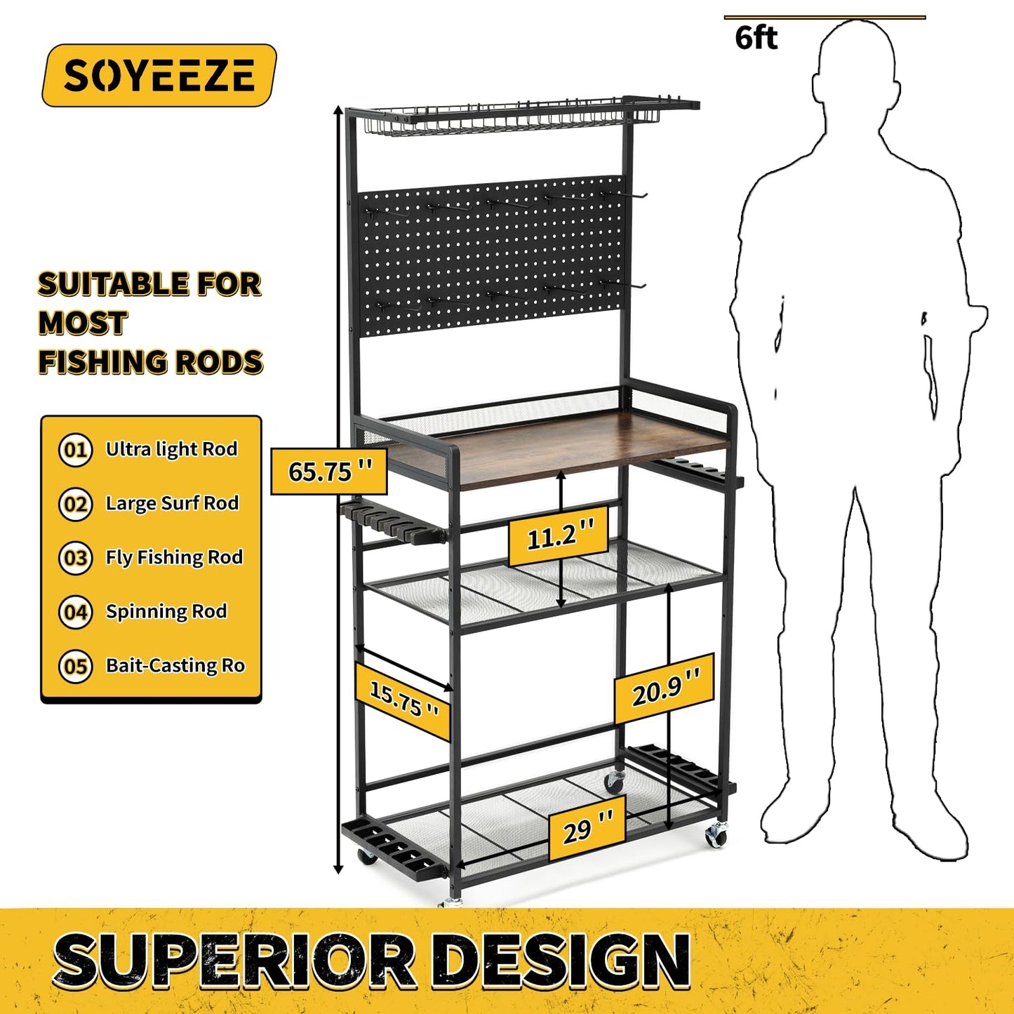 SOYEEZE Fishing Rod Holders for Garage,Fishing Gear Holder for Fishing Rod Tackle Box Storage，Fishing Pole Holders for 12 Rods with Hooks and Pegboard,Fishing Cart with Reel Rack