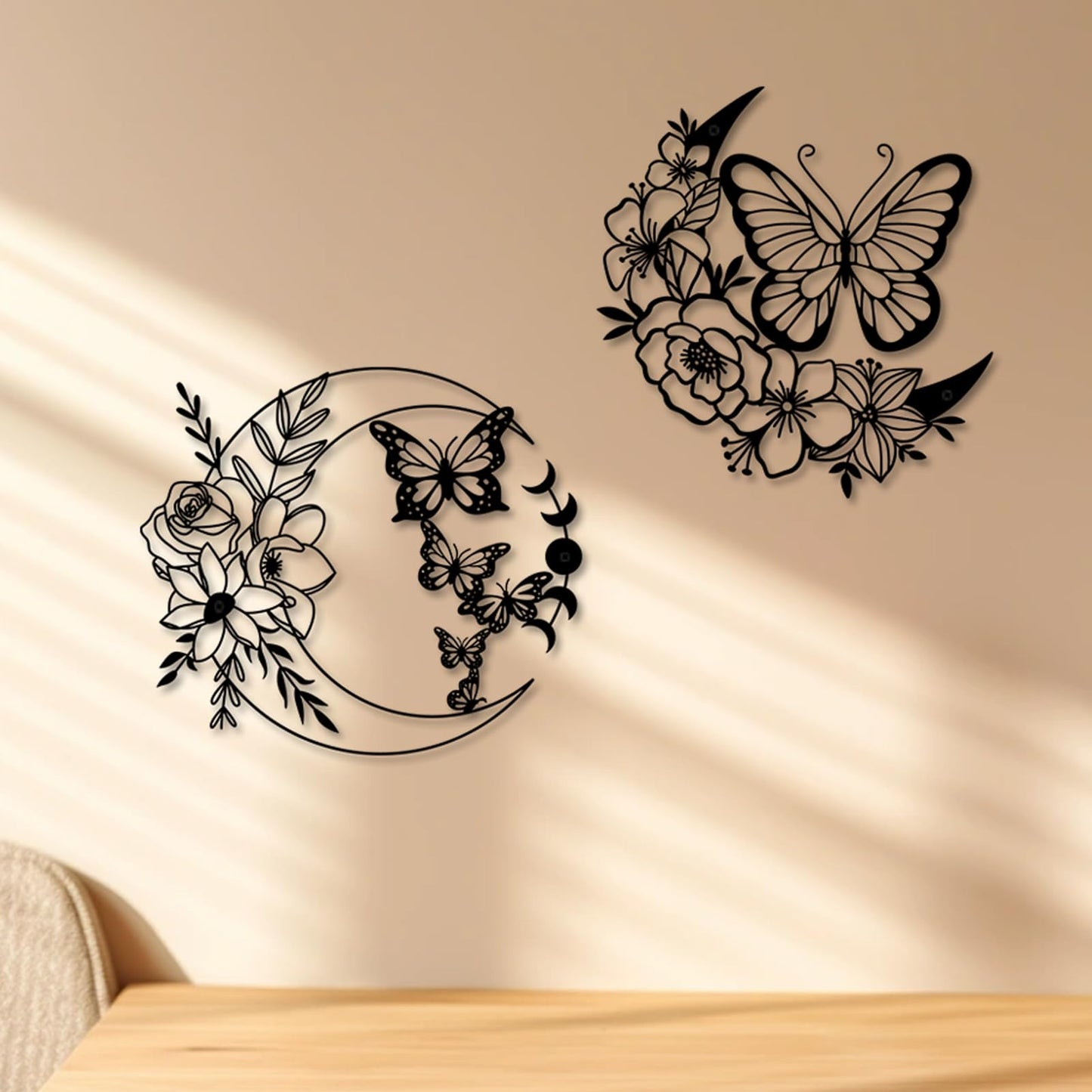 ruelen Moon Butterfly Metal Wall Decor Boho Wall Art Floral Boho Wall Hanging Home for Indoor Living Room Bedroom Bathroom Outdoor Garden Yard Fence Farmhouse Decoration (Moon Butterflies)