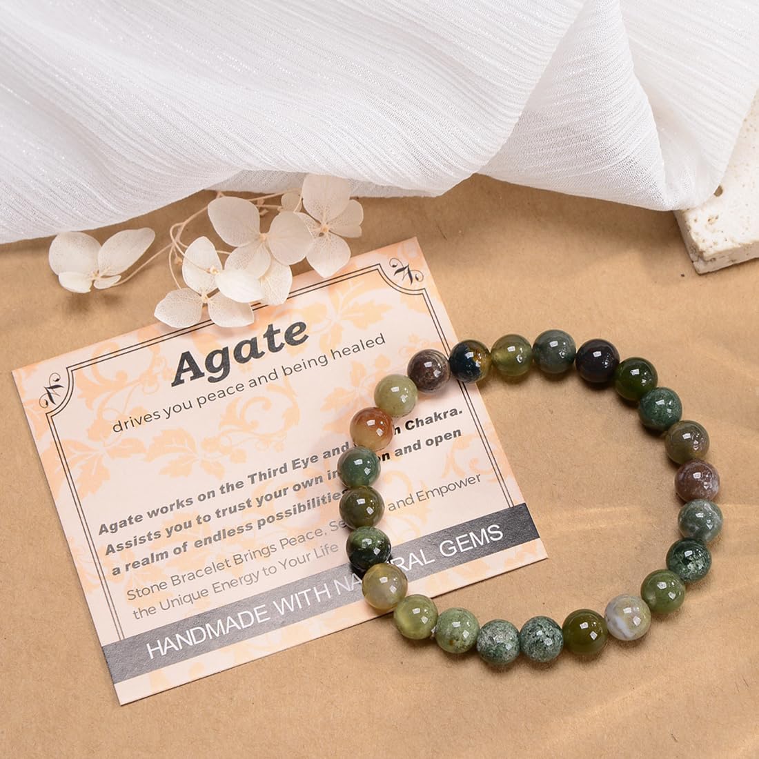 MASSIVE BEADS Indian Agate - Stone of Peaceful - Handmade Yoga Stretch Elastic Bracelet Natural Stone Crystal Healing Power Energy Gifts for Unisex Adult 4mm