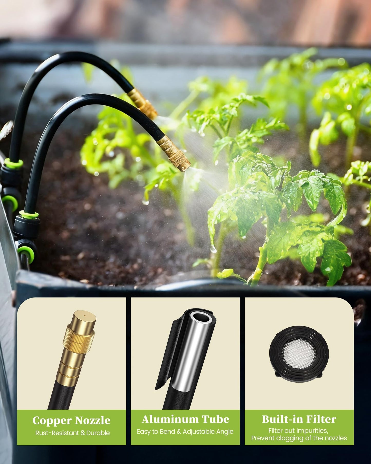 RAINPOINT 100FT Drip Irrigation System, Garden Watering Kit with 30pcs 360°Adjustable Copper Nozzles, Automatic Atomizing Watering Sprinkler System for Greenhouse, Lawn, Raised Beds, Outdoor Plants