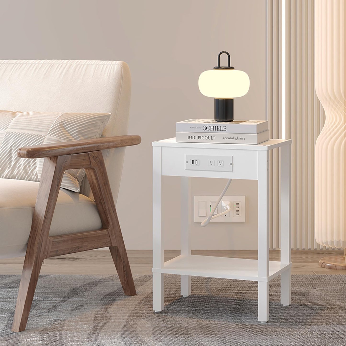 End Table with Charging Station, 2-Tier Nightstand with Storage Shelf,Modern Side Table,Bedside Table for Small Space in Living Room, Bedroom, Sofa Couch and Balcony, White MLBZ14WE