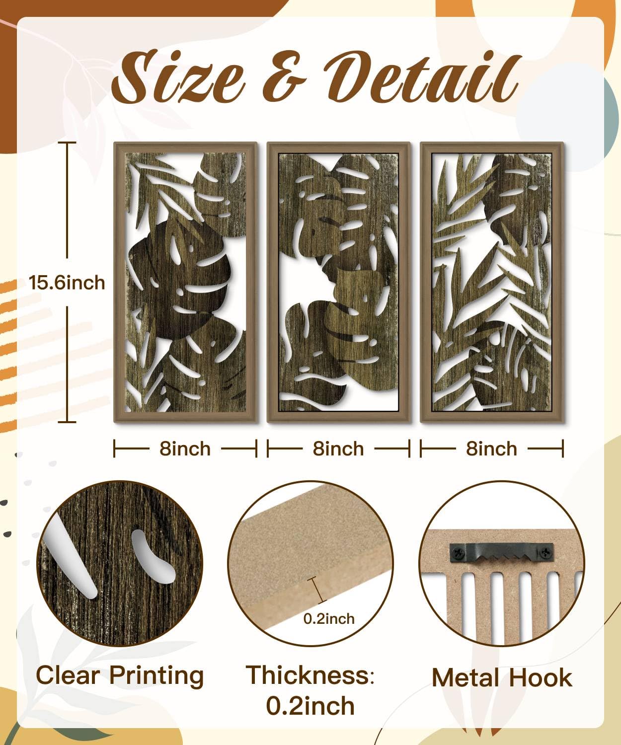 Putuo Decor Tropical Leaf Wall Art, Monstera Palm Leaves Natural Aesthetic Boho Decor, Set of 3 Modern Botanical Art for Living Room, Bedroom, Bathroom, Office 16x8 Inch