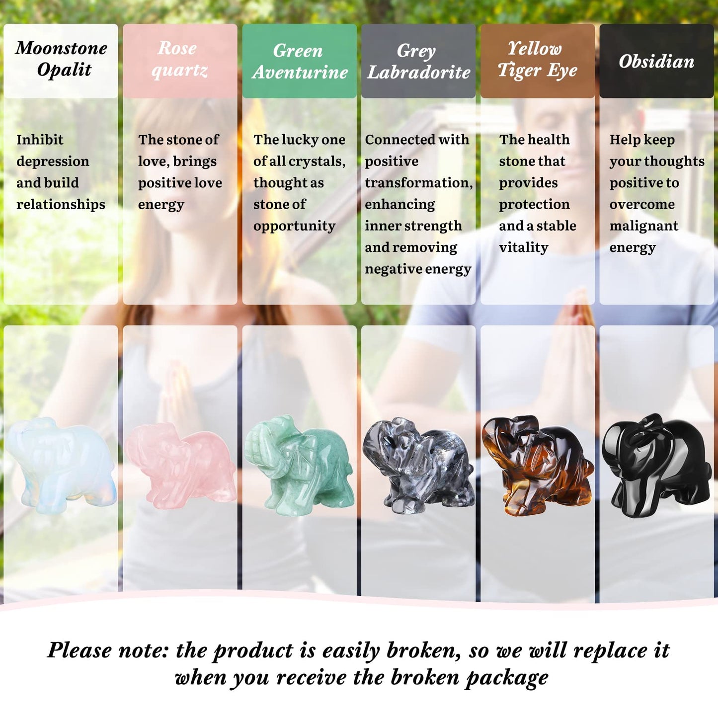 6 Pieces Rose Quartz Elephant Healing Crystal Stones Opalite Green Aventurine Labradorite Tiger's Eye Black Obsidian Elephant Pocket Statue Kitchen Guardian Healing Figurine Decor for Home, 1.5 Inch
