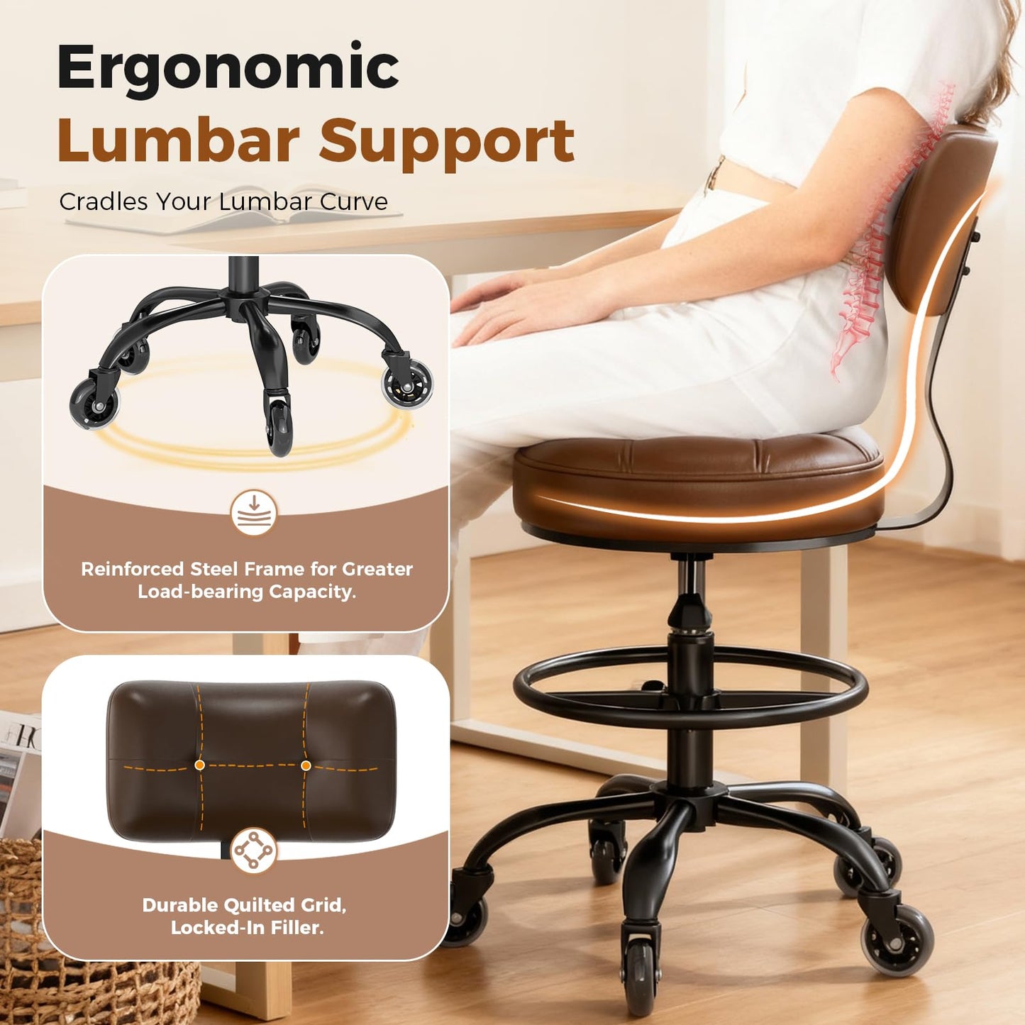 Office Drafting Chair with Footrest, Tall Height Adjustable Stool with Back Support, Heavy Duty Rolling Stool Chair with Wheels for Office Home Kitchen Bar Shop Guitar Studio Medical Vanity(Brown)