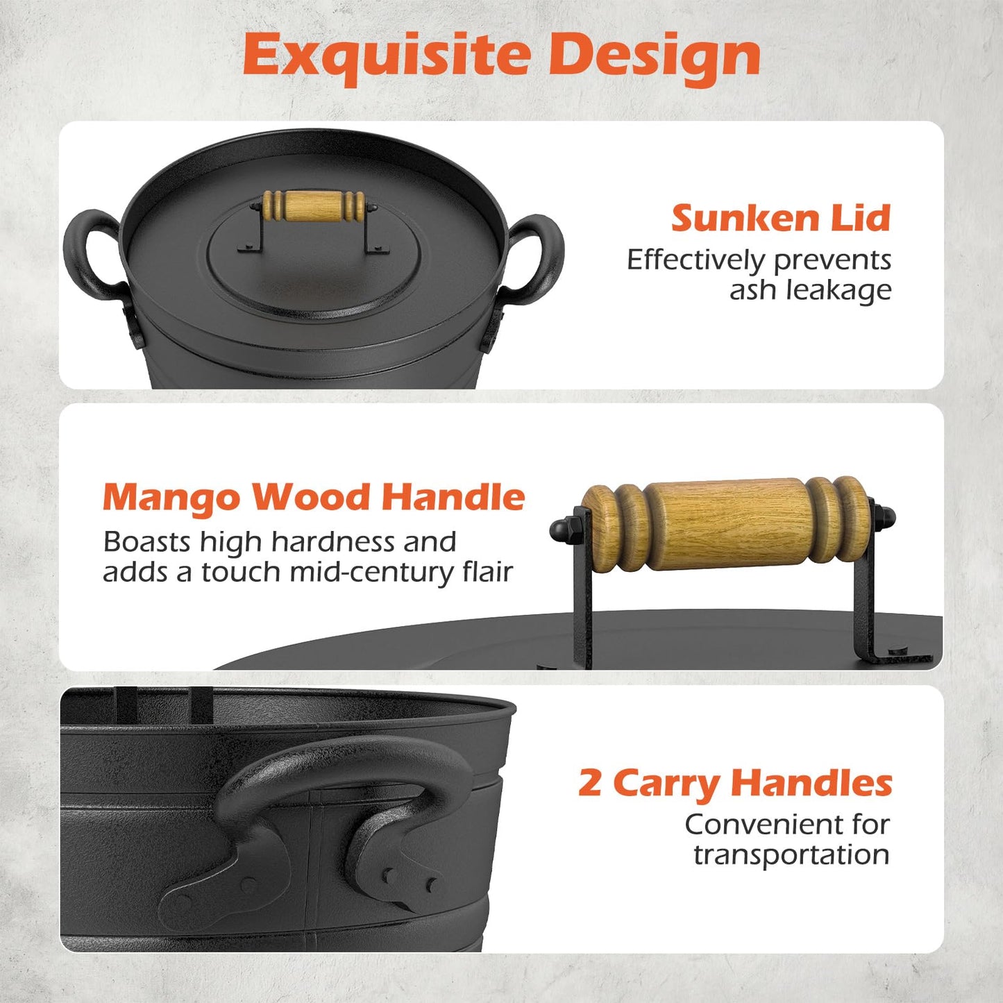 Tangkula 3 Gallon Ash Bucket with Lid, Galvanized Metal Coal Ash Cleaning Can w/Mango Wood Handle & Dual Side Handles, Indoor & Outdoor Fireplace Tool Ash Pail for Fire Pits Wood Burning Stoves