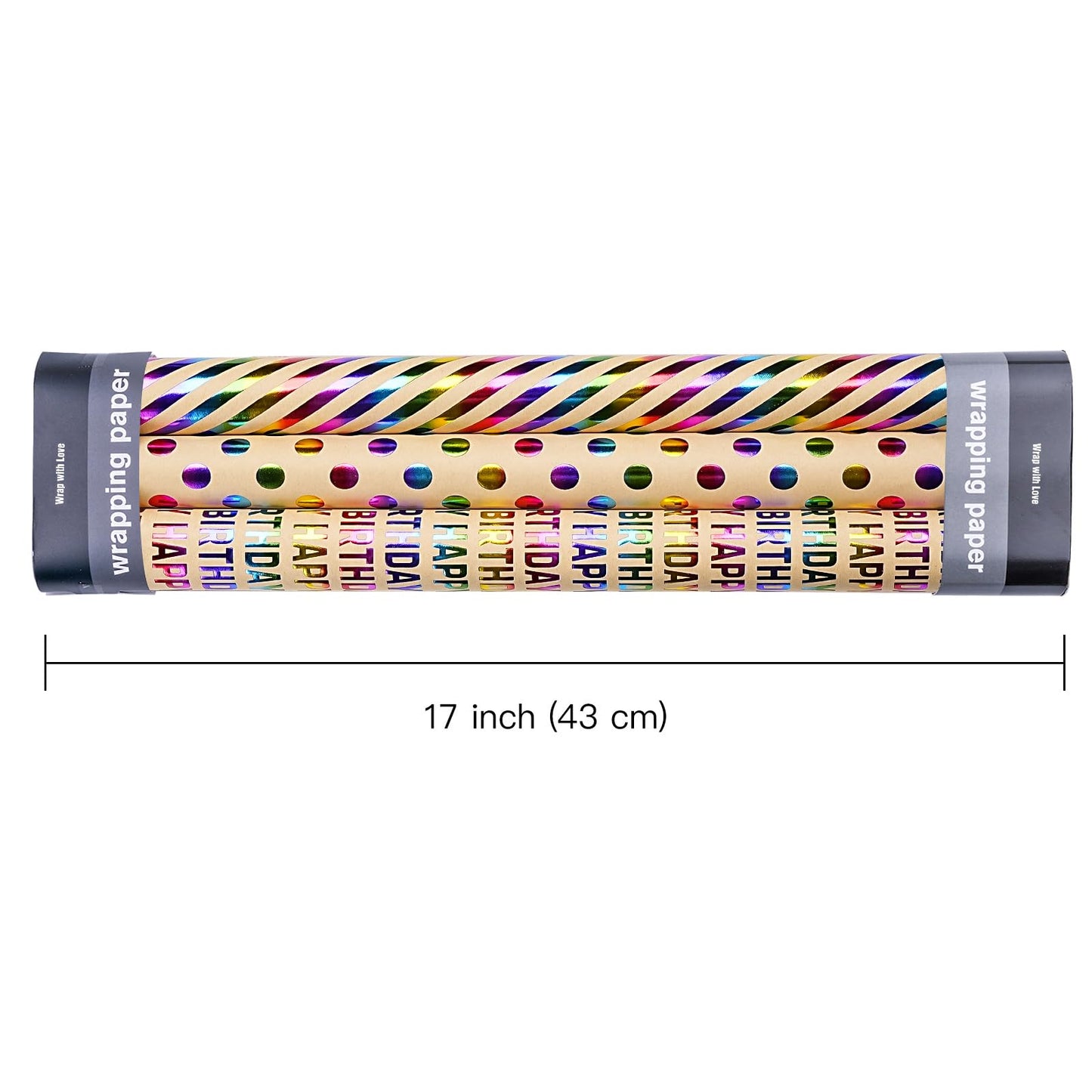 WRAPAHOLIC Kraft Birthday Wrapping Paper Roll - 3 Mini Rolls - 17 Inch x 120 Inch Per Roll - Rainbow Foi Happy Birthday Wrapping Paper for Boys Girls Kids, Baby Shower