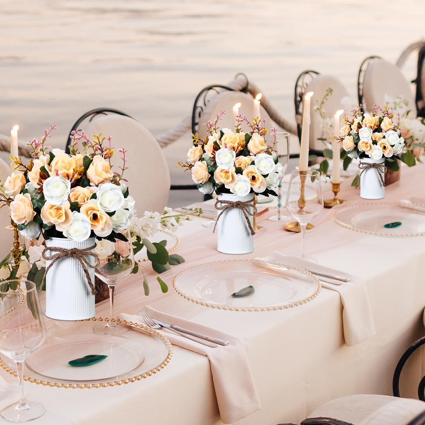 Domensi 24 Sets Wedding Table Centerpiece Artificial Flowers with Vase 48 Pcs Fake Bouquets 24 Pcs Metal Vases Floral Arrangements for Holiday Party Event Table Decor(Champagne)