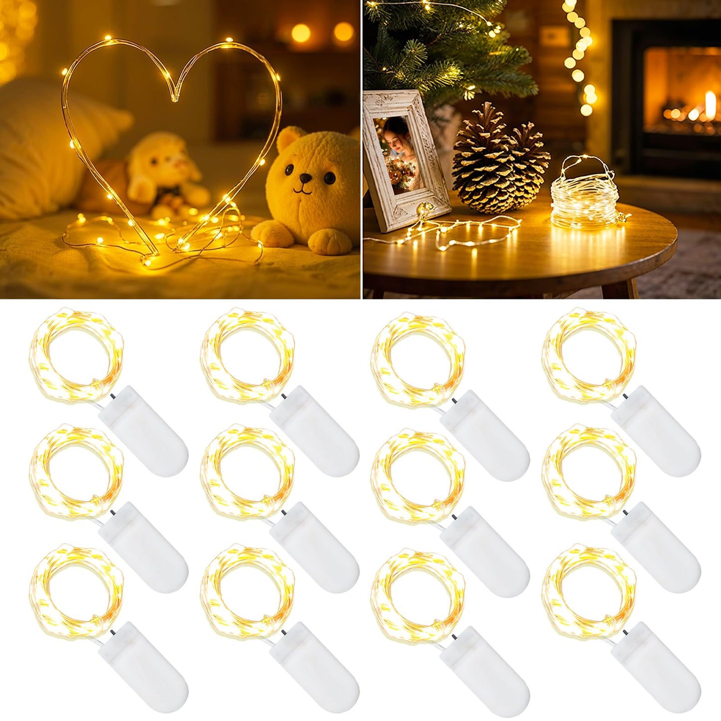 Etinga 12-Pack Fairy String Lights, 7ft 20 LEDs Each, Battery Operated Copper Wire Lights, Warm White Decorative Lights for Wedding, Party, Christmas, Holiday Décor & DIY Crafts