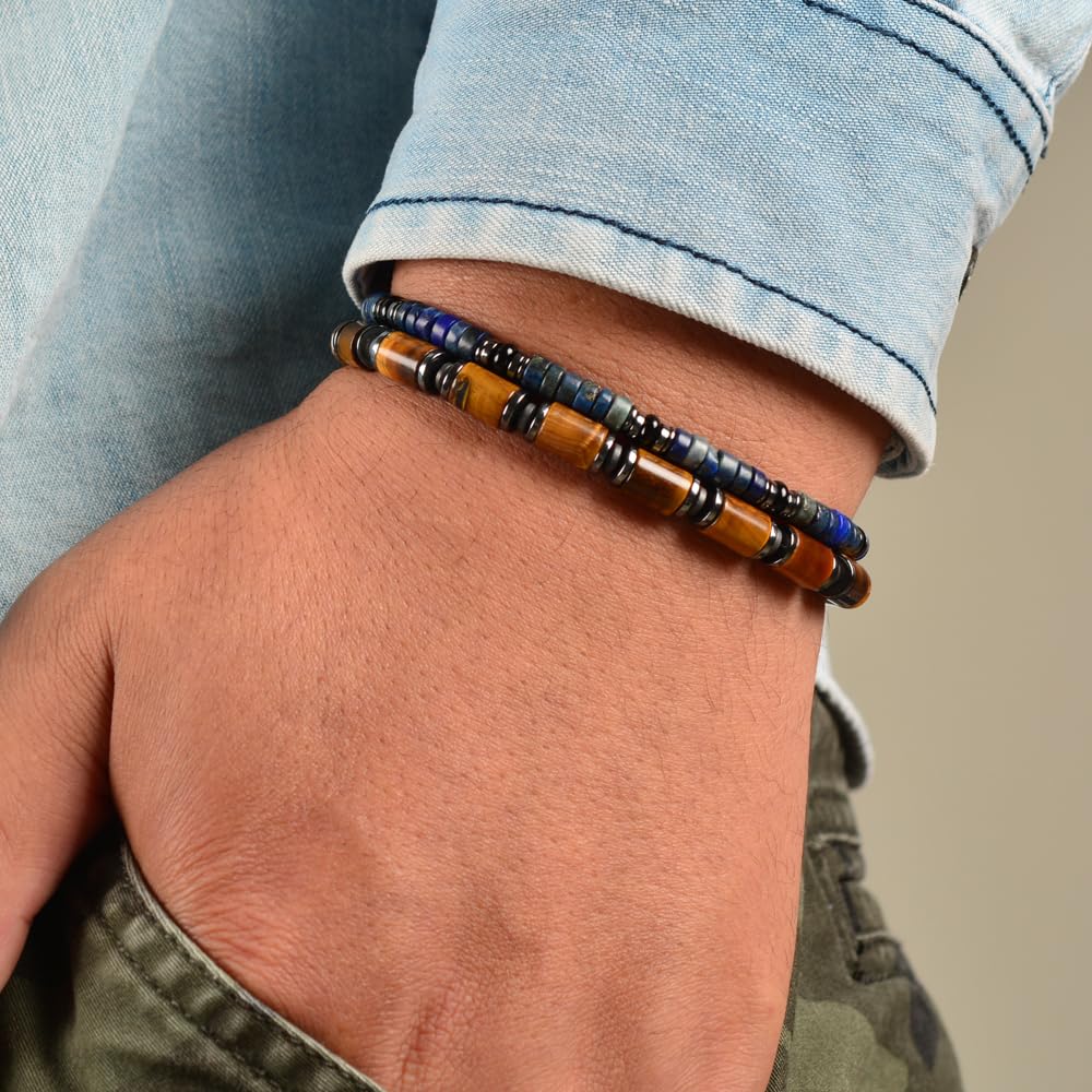 Casvia Men's Tiger's Eye & Hematite Beaded Bracelet, Handmade Adjustable Stainless Steel Chain, Chakra Jewelry Gift for Dad, Husband, Boyfriend