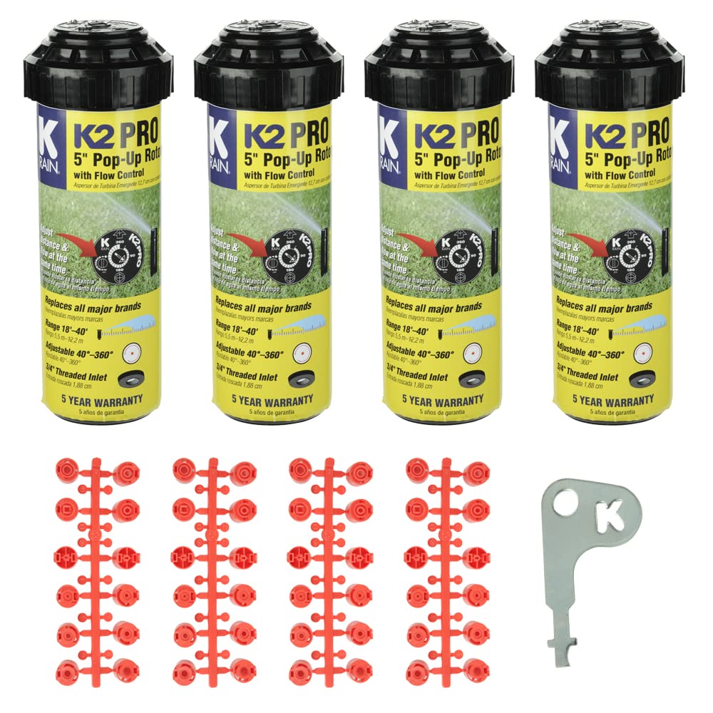 K Rain K2 Pro 3/4" Gear Drive Rotor 5" Pop-Up| 18' - 40' Spray Distance, 40° - 360° Arc Spray Pattern with Full-Circle Gear Driven Rotor | Includes Install Kit (4 Pack)