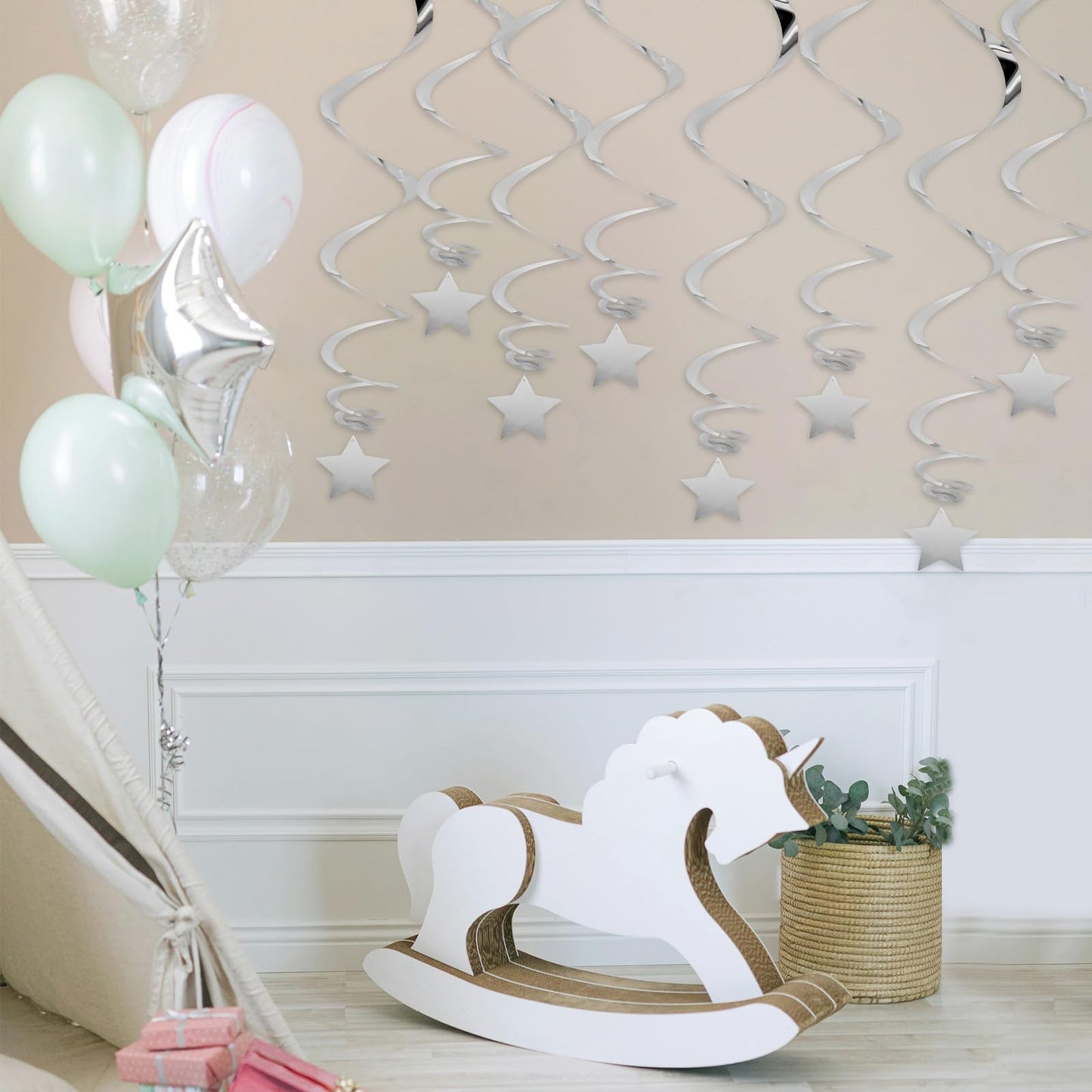20 PCS Silver Hanging Stars for Ceiling, Silver Star Streamers Foil Swirls Party Decorations for Ceiling Graduation Wedding Baby Shower Party Supplies