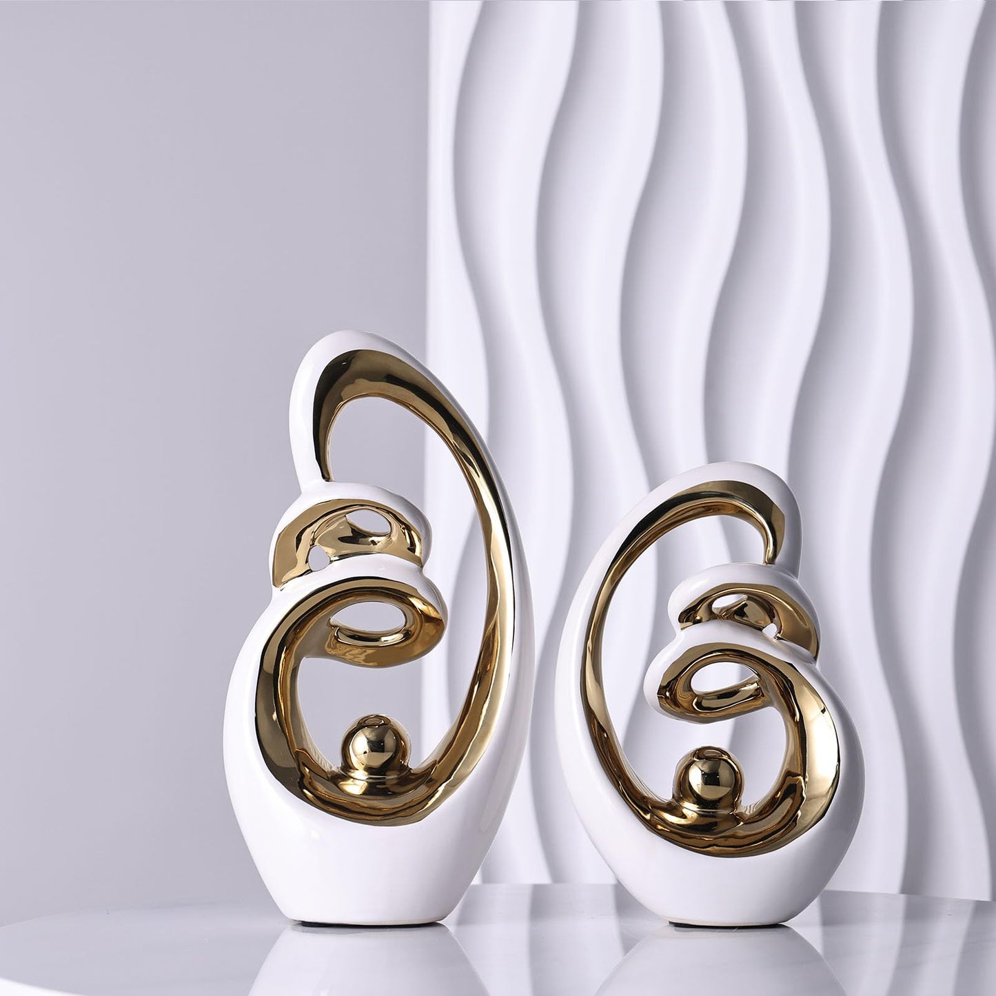 GAOSHENG Modern Abstract Porcelain Sculpture, White Gold Show Piece for Home, Knick Knacks for Decor, Tv Stand Centerpiece