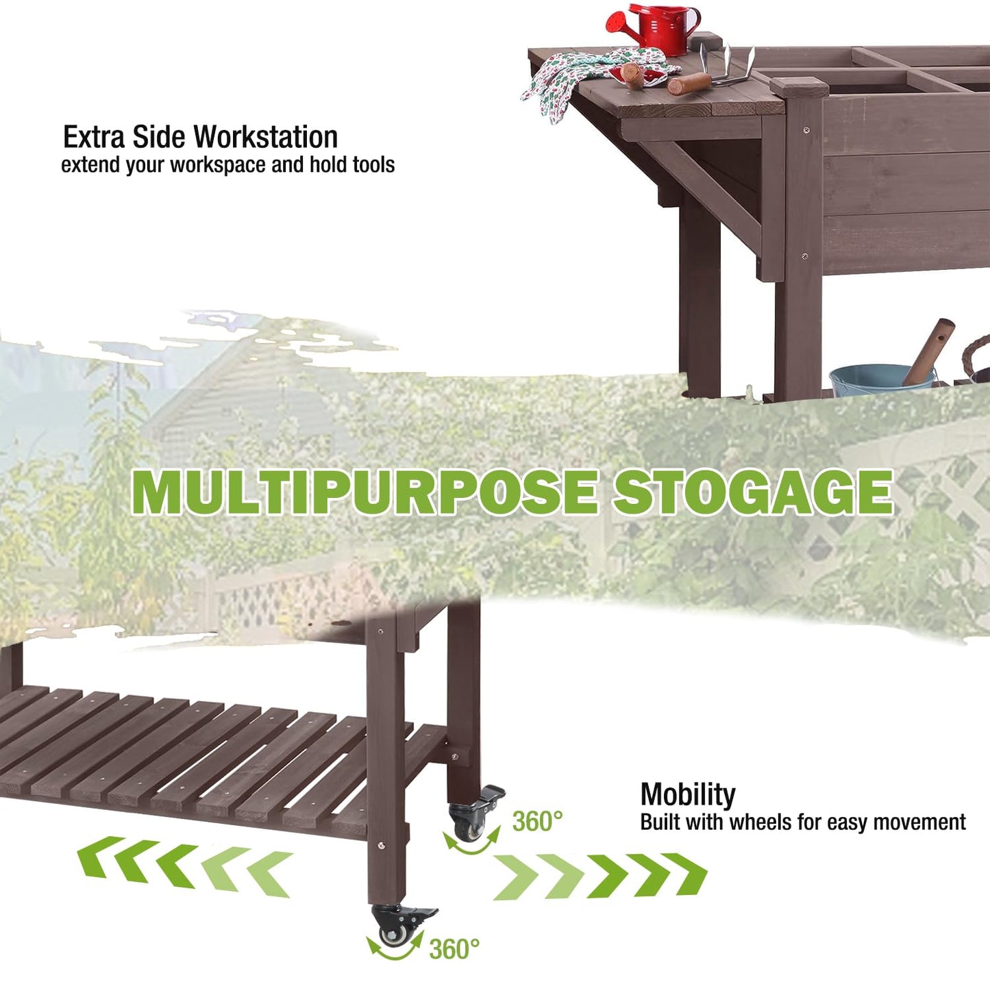 GUTINNEEN Raised Garden Bed Outdoor with 8 Planter Boxes Wooden Elevated Garden Bed with Legs Wheels Side Workbench and Storage Shelf for Plants Vegetables Flowers Herbs