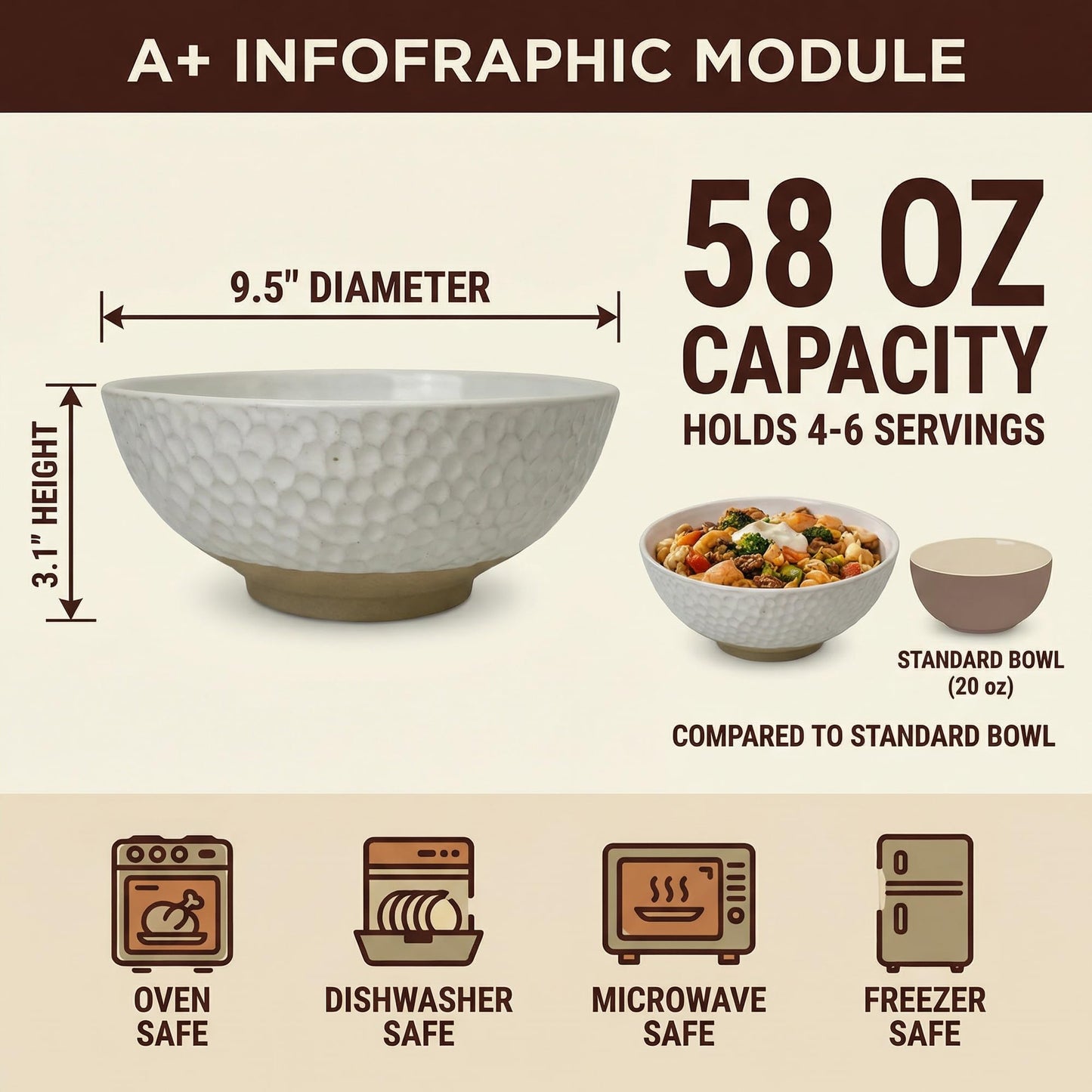 Wgtalation Large Ceramic Dinner Bowl Set - 2-Piece Handmade Salad Bowl Set, 58 oz Each, Dishwasher and Oven Washable, Vanilla White 9.5”