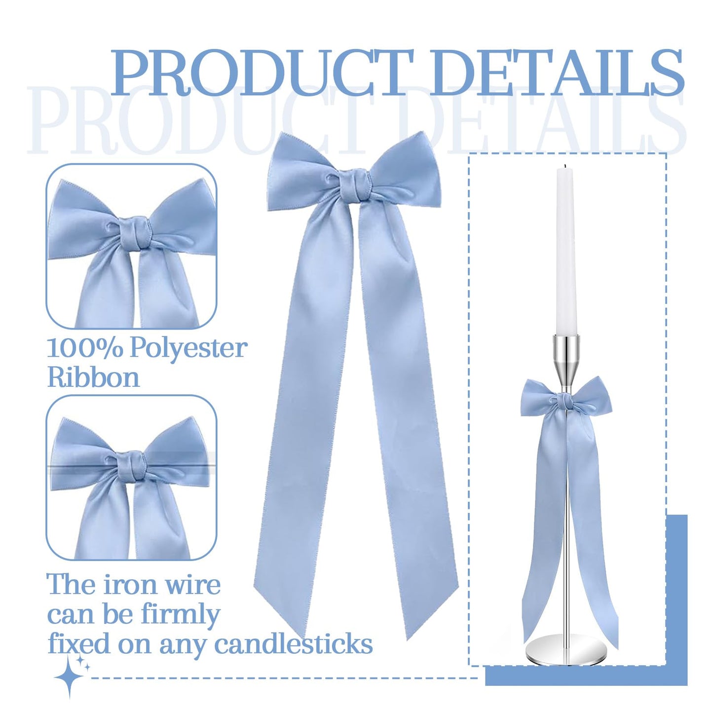16pcs Blue Candlestick Bows Decor Blue Twist Tie Bows Ribbon Bows Set - 13 Inch Candlestick Decorations for Weddings, Parties, Bridal Showers & Home Decor
