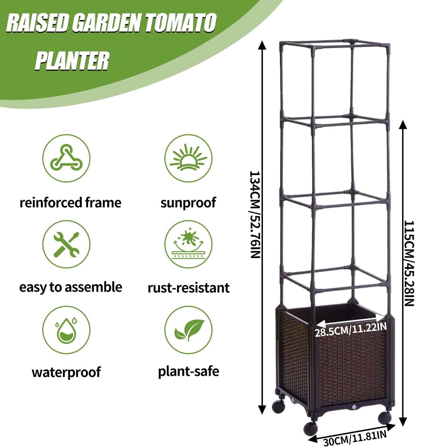 Risirica Tomato planter,Raised Garden Bed with Tomato Cage & Trellis, 53"Self-Watering Tomatos Planter with Lockable Wheels,Climbing Plants Large Reservoir for Vegetables Flowers,Indoor Outdoor Patio