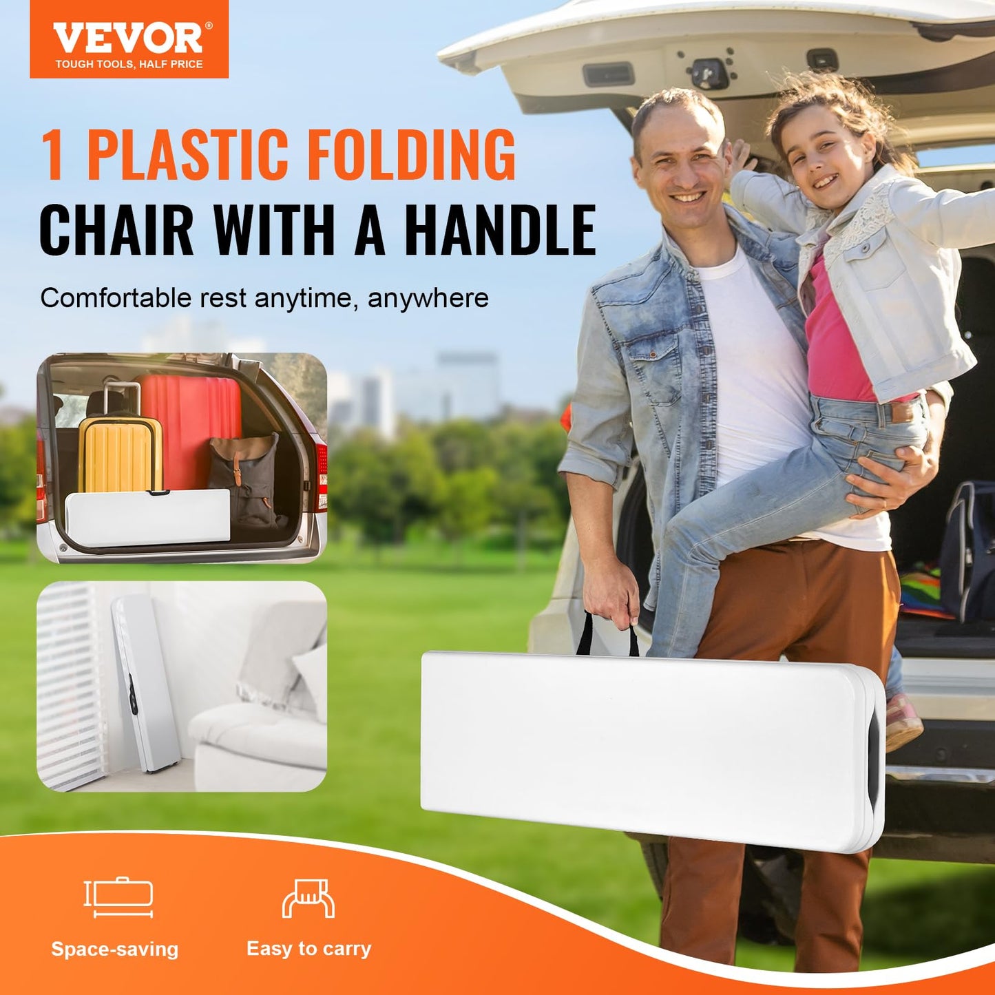 VEVOR Plastic Folding Bench, 6ft Portable Folding Bench, Smooth High Density Polyethylene Waterproof Outdoor Bench, Picnic Camping Table with Handle for Garden Soccer Playtime, White (1 Pack)