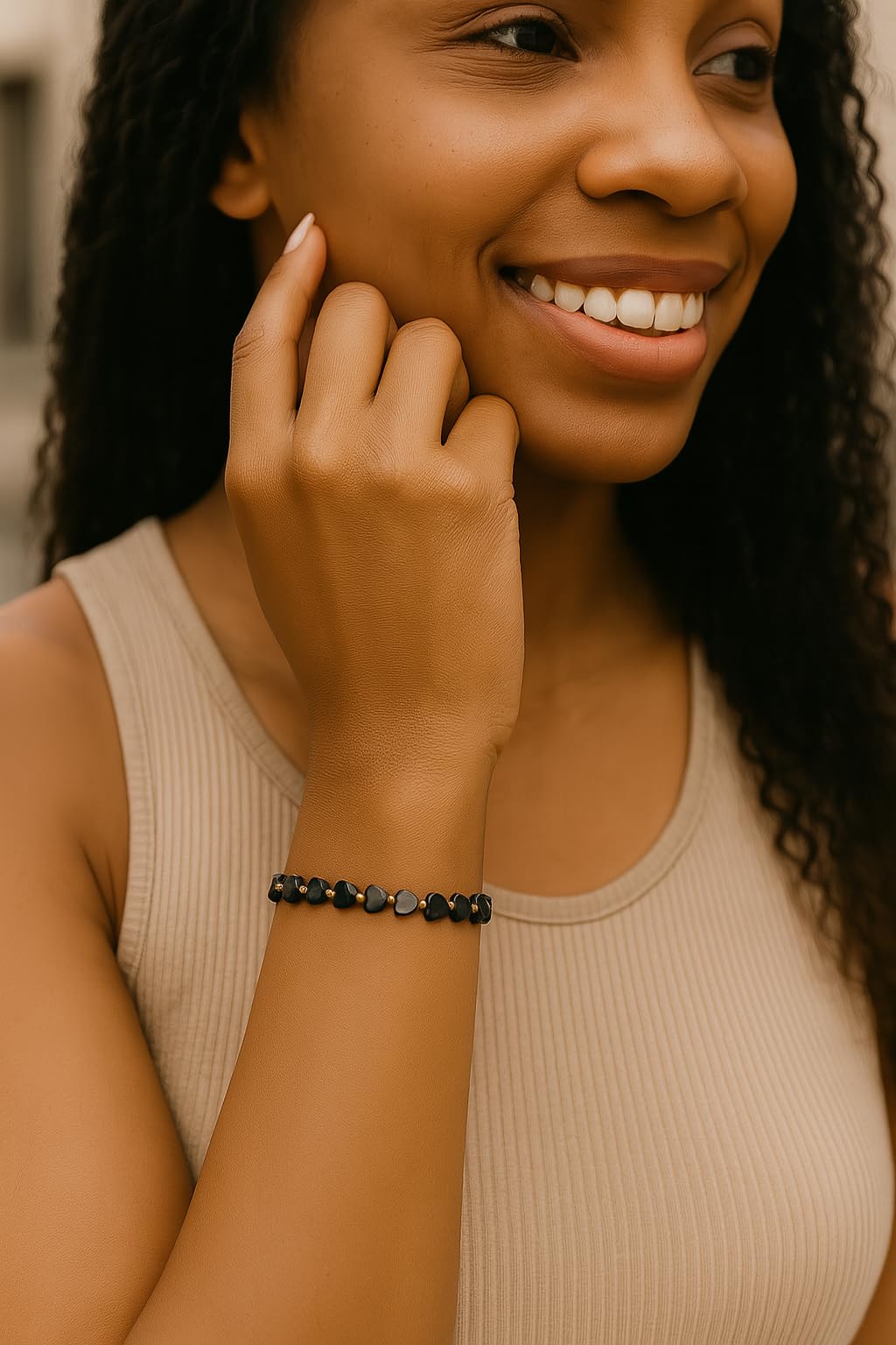Heart Black Obsidian bracelet for Women Men 18k gold plated Beads Natural Stone Healing Real Crystal Stretch bracelet Gemstone Onyx bracelets Obsidian Jewelry for Women Men Mom Girlfriend (Black Obsidian)