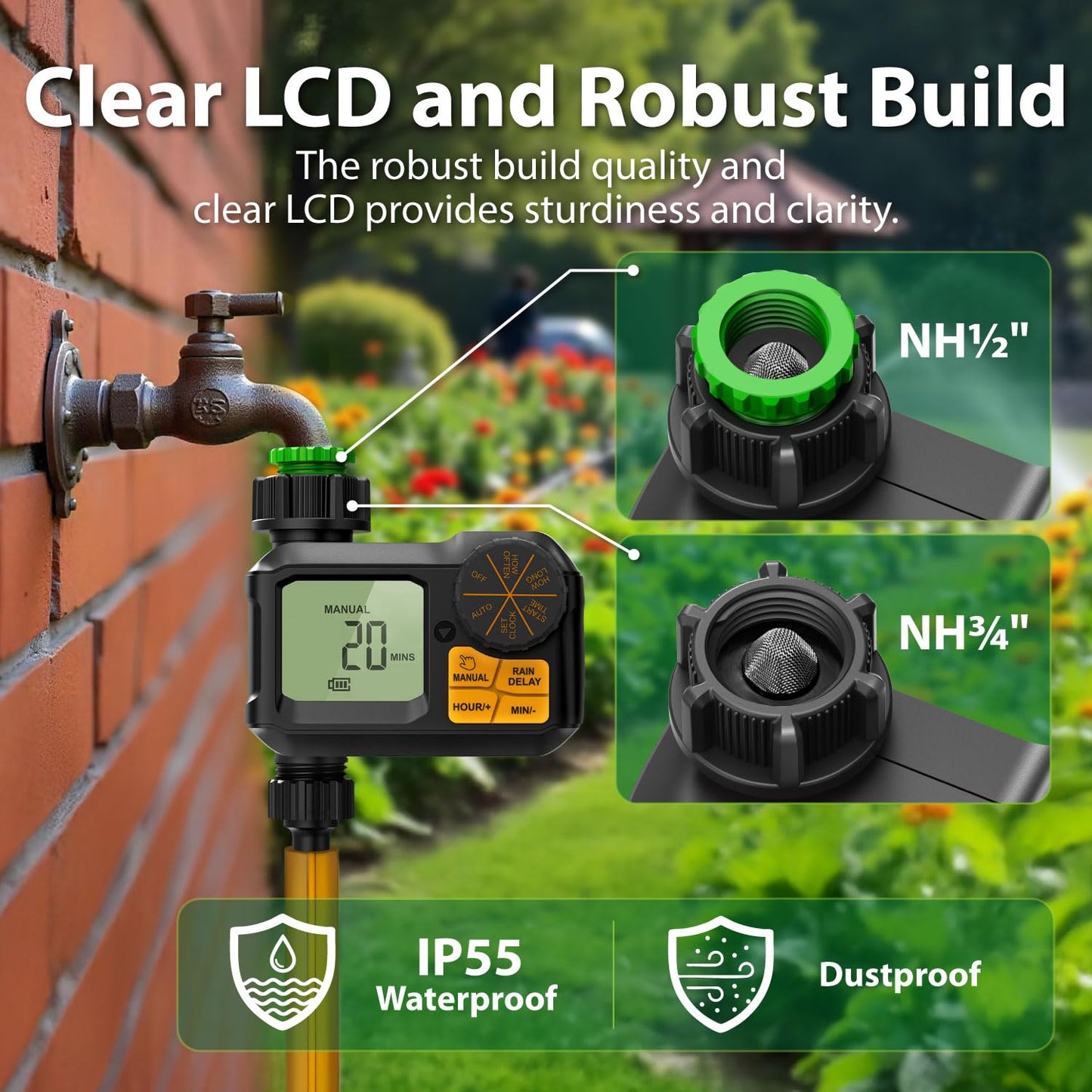 Garnen Sprinkler Timer, Garden Water Hose Faucet Timer, 1 min-7 Days Programmable with Rain Delay/Manual/Automatic Watering Controller System, Digital Drip Irrigation for Yard, Lawn, 1 Outlet
