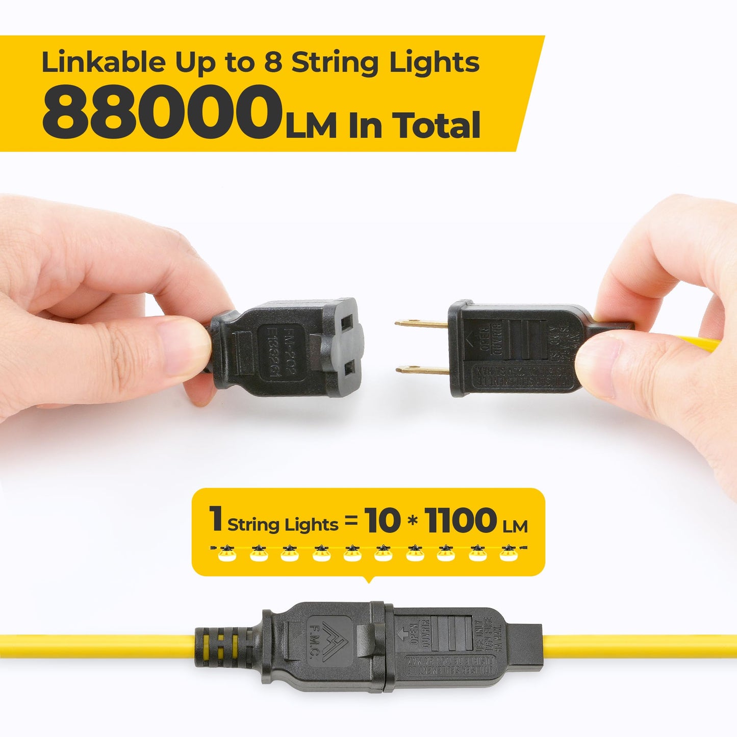 HYANGLUX 100FT Construction String Lights, 10-Light LED Work Light, 100W 11000LM, ETL Certified, 18/2 SJTW Cord, Linkable up to 8 Sets, IP65 Waterproof, for Jobsite, Attic, Garage