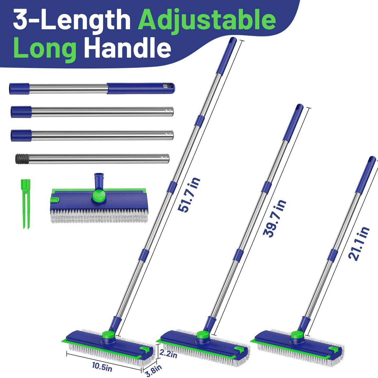 EHADOO Floor Scrub Brush with Long Handle: 3 in 1 Heavy-Duty Floor Scrubber Brush with Squeegee for Cleaning Tile Bathroom Deck Kitchen Patio - Blue