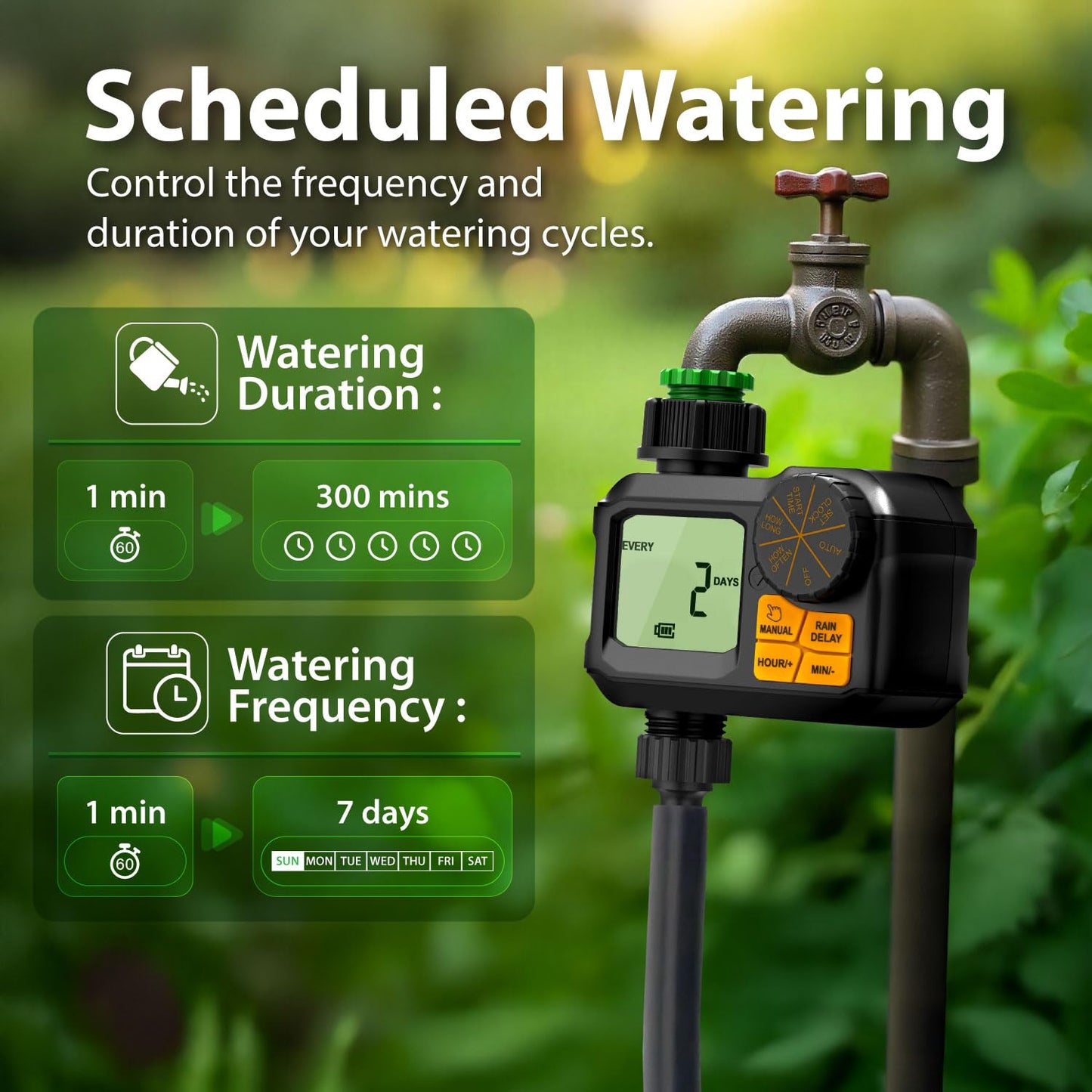 Garnen Sprinkler Timer, Garden Water Hose Faucet Timer, 1 min-7 Days Programmable with Rain Delay/Manual/Automatic Watering Controller System, Digital Drip Irrigation for Yard, Lawn, 1 Outlet