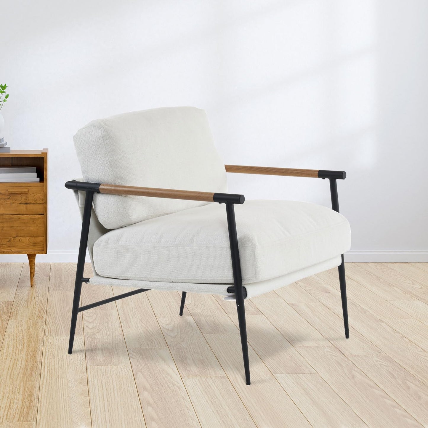 Accent Chair Mid Century Modern Armchair for Living Room,Bedroom,Office,Lounge Comfy Chenille Upholstered Soft Removable Washable Cushions and Pillows,Metal Wood-Grain Armrest Legs,White