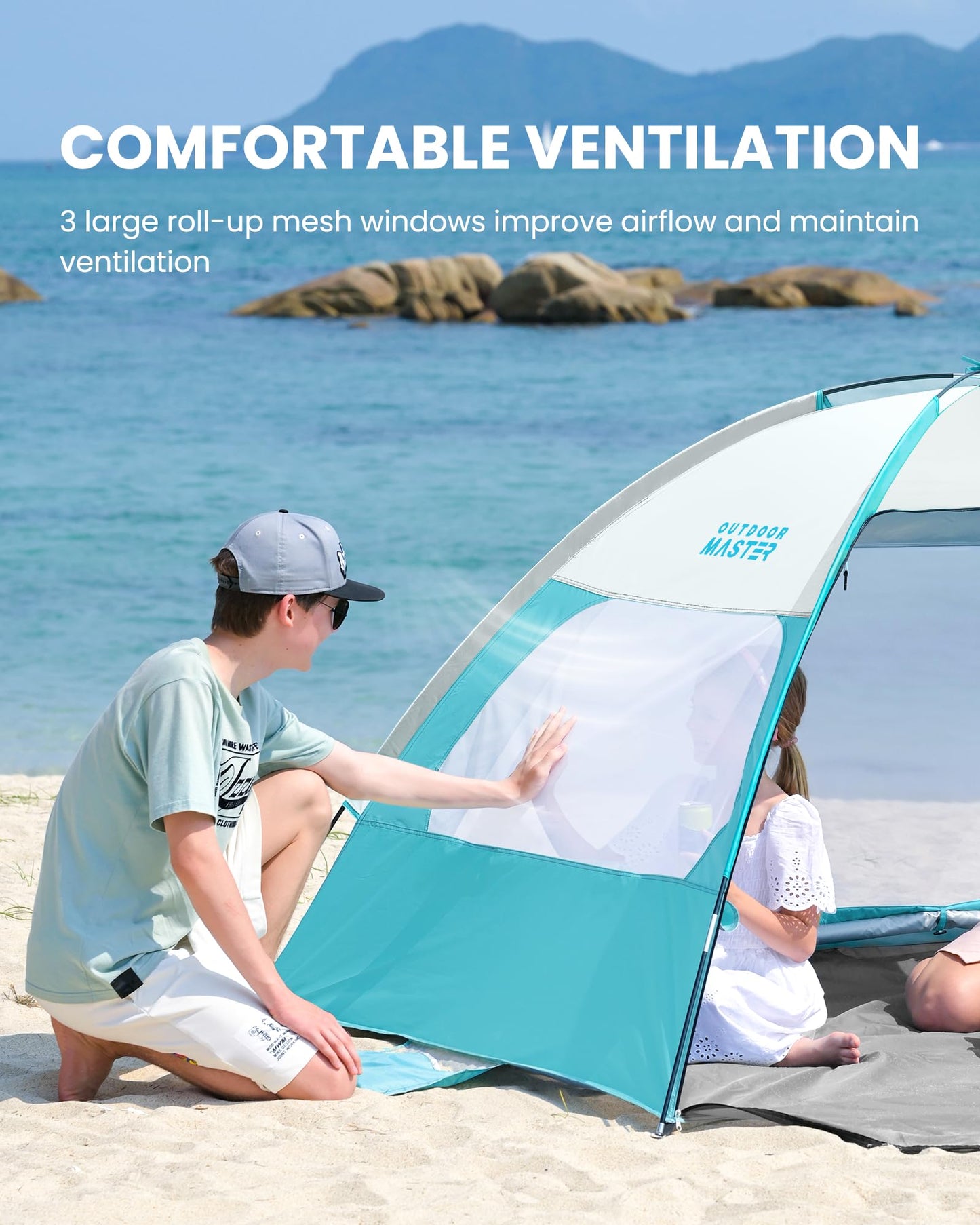 OutdoorMaster Beach Tent for 3/4 Person - Easy Setup Sun Shade Shelter, Portable Beach Shade Sun Canopy with UPF 50+ UV Protection, Removable Skylight Family Size - 3 Person Olive Green