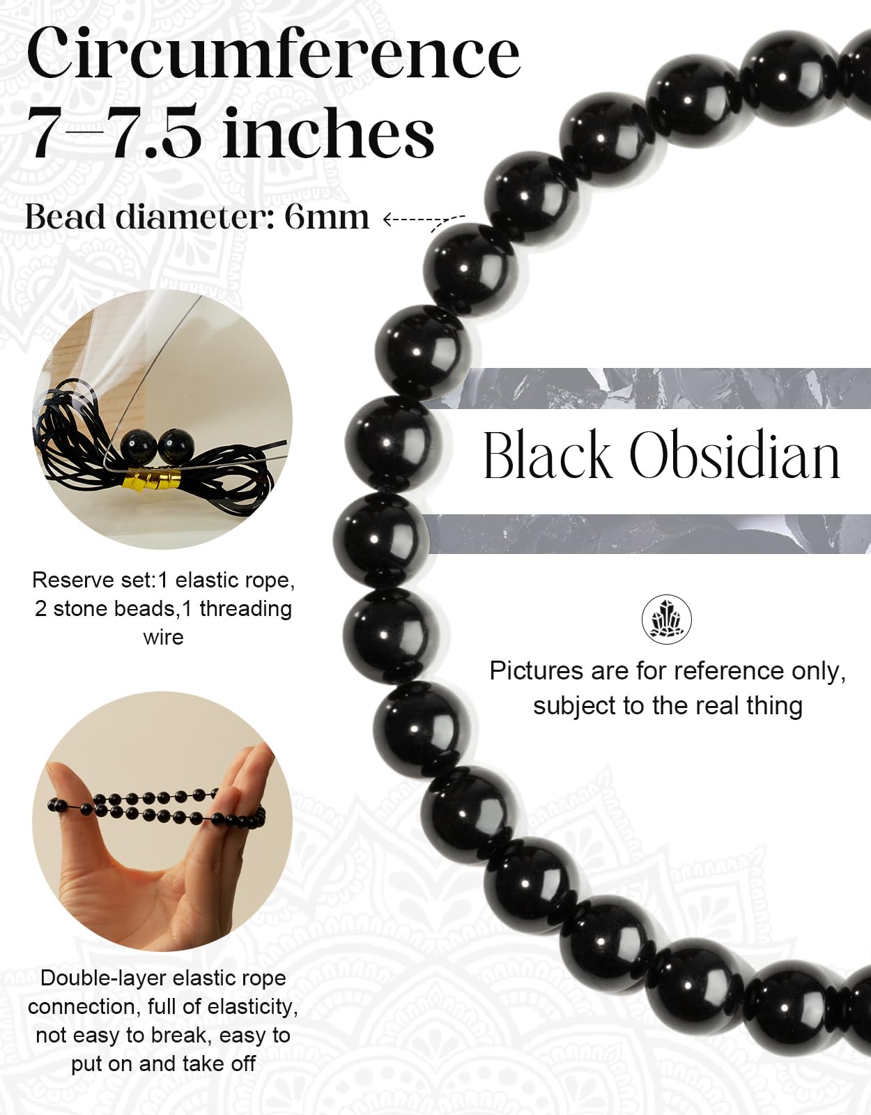 Landorilo Beaded Bracelet for Men Women, 6mm Natural Stone Black Obsidian Healing Crystal Stretch Bracelets, Ideal Christmas Birthday Jewelry Gifts with Energy Card，Replacement Beads Included