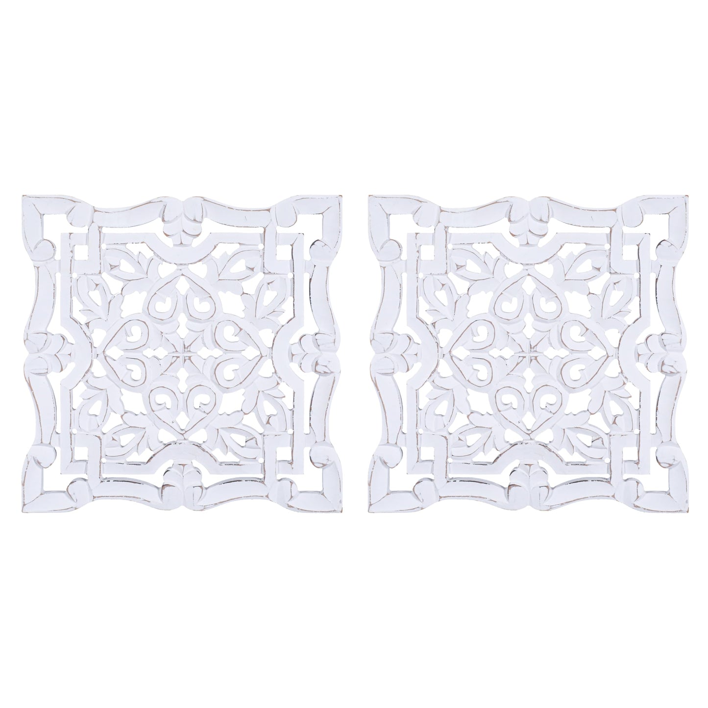Woodify Hand-Carved Wooden Wall Décor – Set of 2, 12" x 12" Decorative Wood Panels, Floral Design, White Antique Finish, Wall Art for Living Room & Home Décor