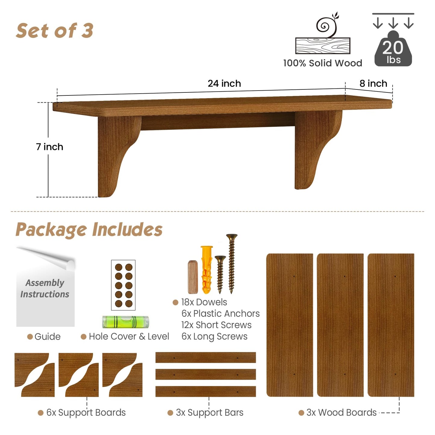 Forbena Wooden Floating Shelves for Wall Set of 3, 24 Inch Wall Shelf for Bedroom, Dark Wood Arched Hanging Wall Shelves for Bedroom, Living Room, Office, Nursery, Dining Room (Walnut Brown)