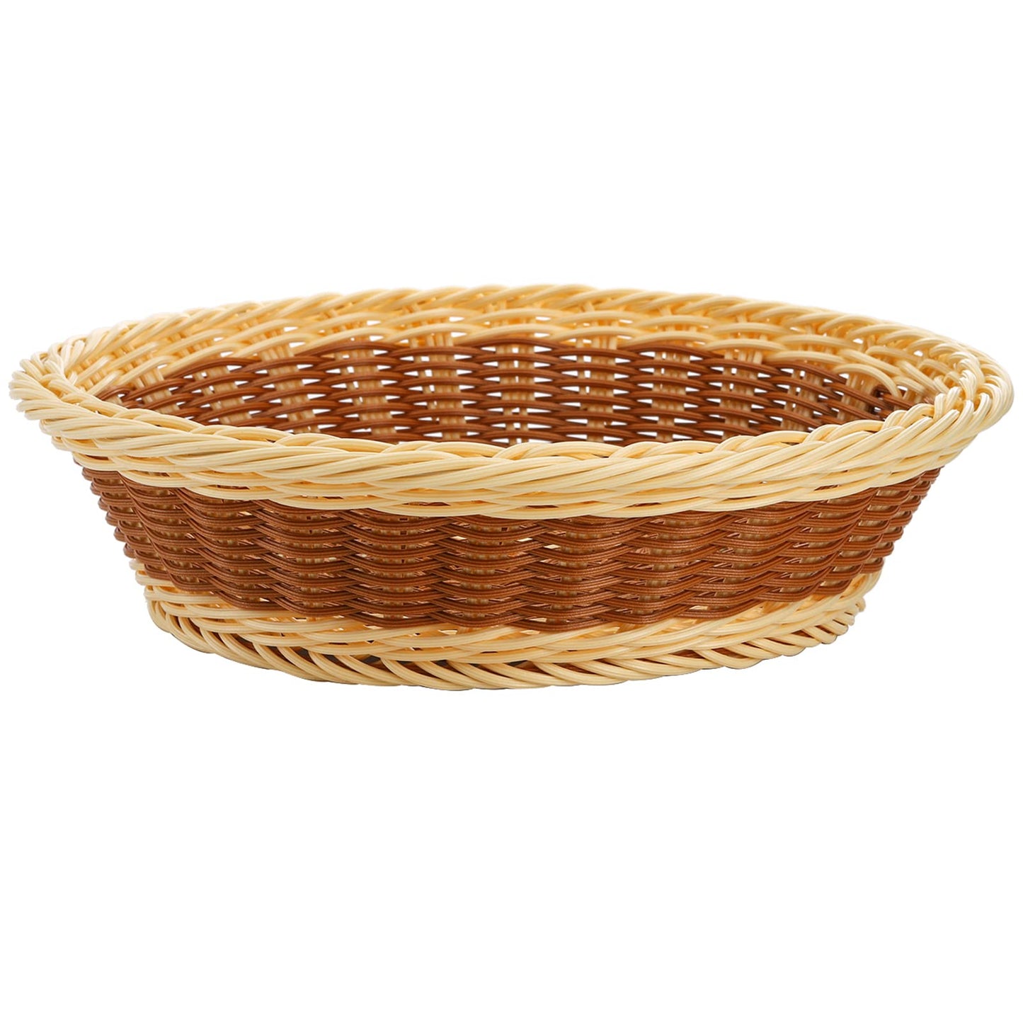 Yarlung 3 Pack Woven Bread Baskets, Plastic Wicker Fruit Baskets 11.5 Inch Round Imitation Rattan Basket, Stackable Food Serving Holder for Kitchen, Restaurant, Outdoor, Brown & Beige