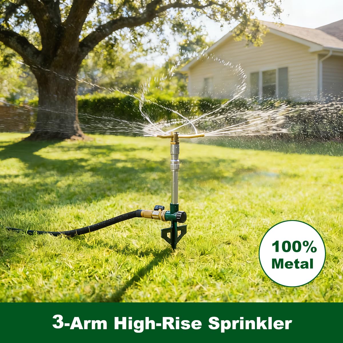 FANHAO 2 Pack Metal Lawn Sprinklers with Adjustable Telescoping Base, 3-Arm Water Sprinkler 360 Degree Rotation High-Rise Sprinkler for Large Area Coverage, Garden Watering Irrigation Sprinkler System