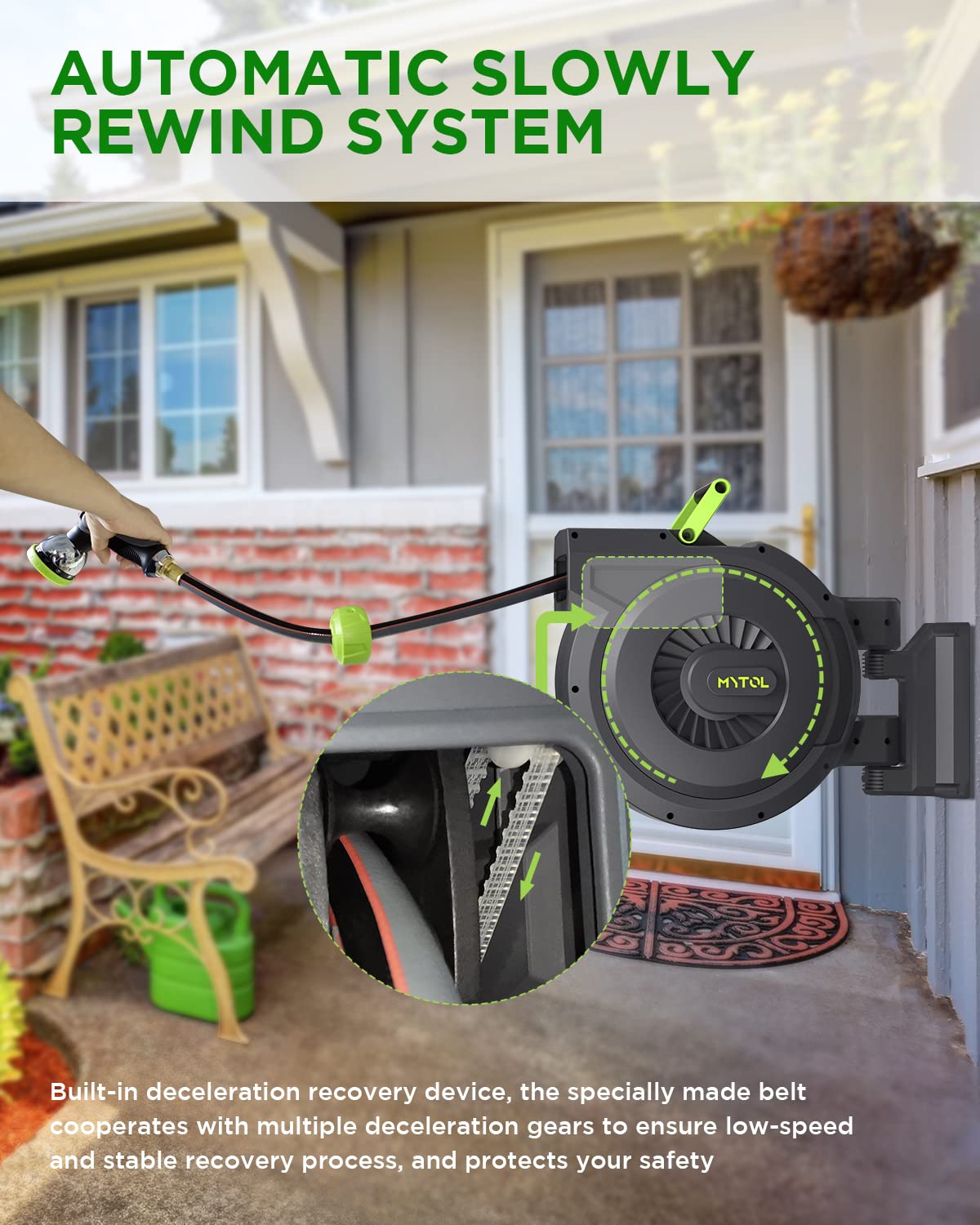 Retractable Garden Hose Reel, 5/8 Inch x 82 ft + 6 ft Wall Mounted Water Hose Reel with Auto Slow Rewind System, 10-Pattern Nozzle, Any Length Lock, 180° Swivel Bracket, Ideal for Easy Watering